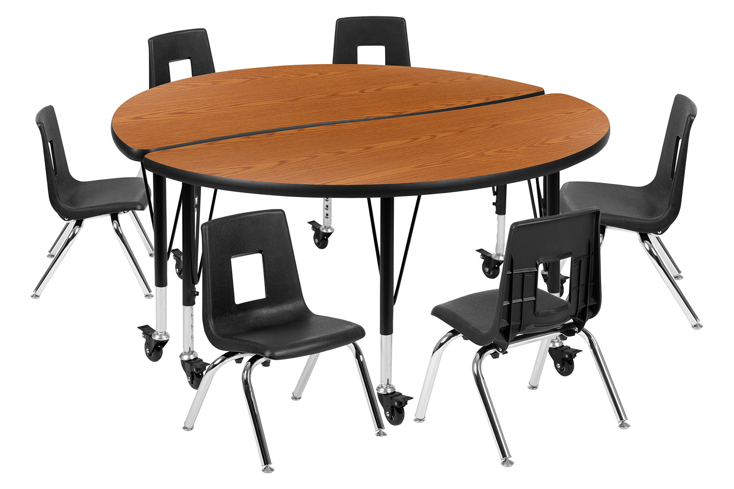 BLNK Emmy Mobile Circle Thermal Laminate Wave Flexible Activity Table Set - Oak, 47.5"D, with 12" Student Stack Chairs