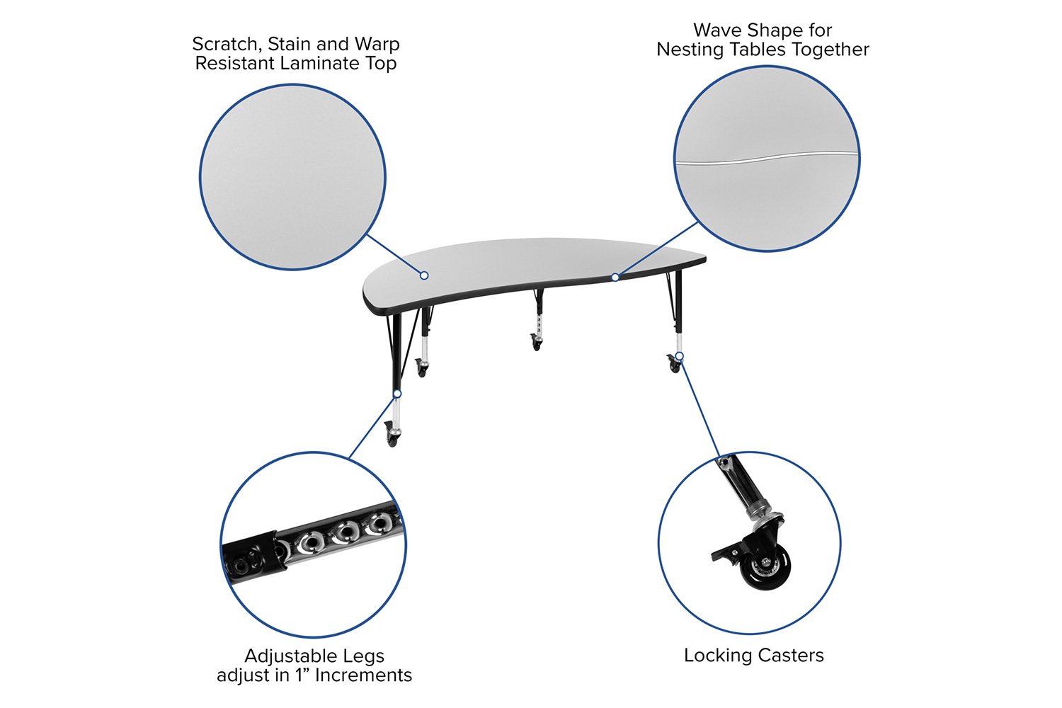 BLNK Emmy Mobile Circle Thermal Laminate Wave Flexible Activity Table Set - Gray, 60"D, with 12" Student Stack Chairs