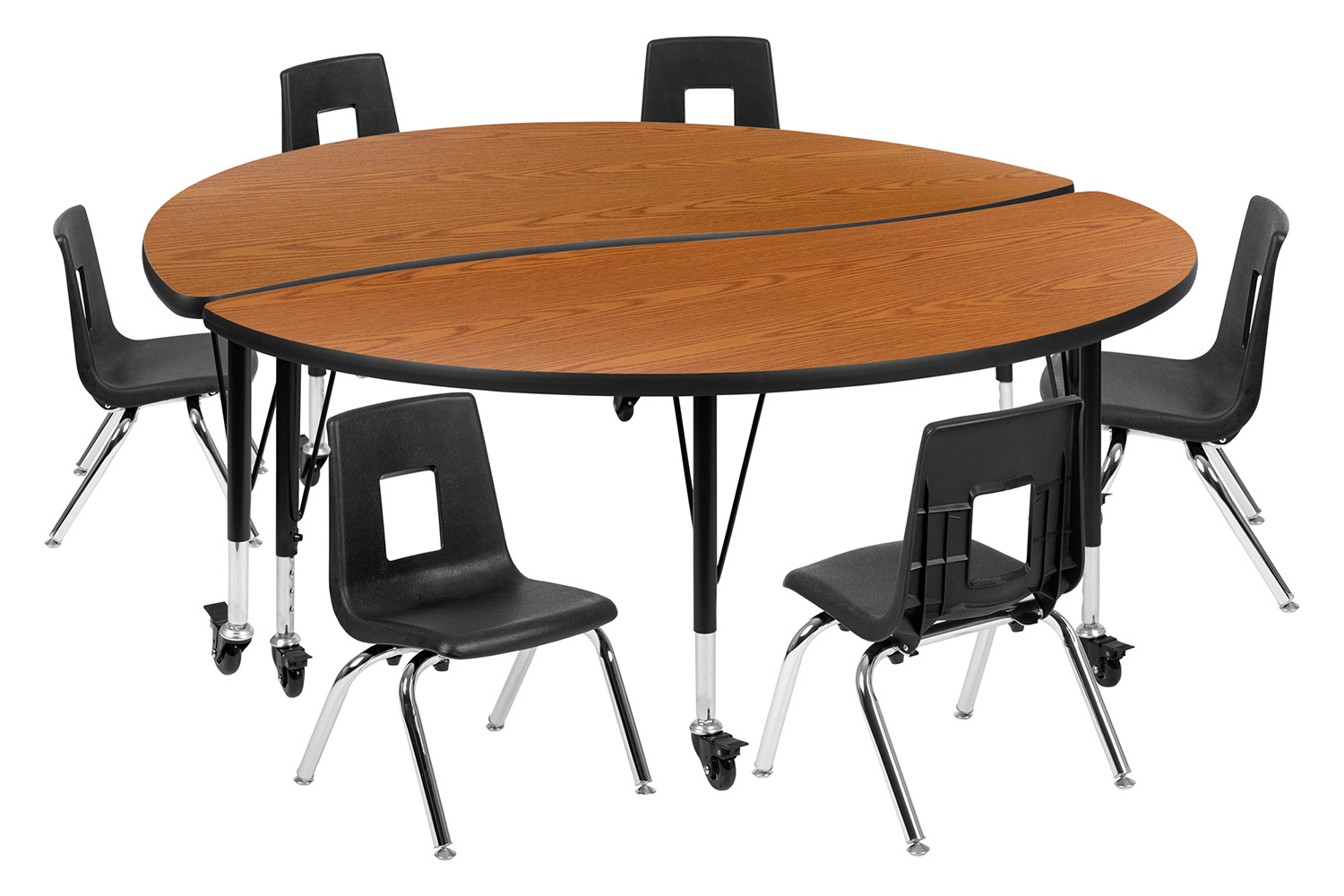 BLNK Emmy Mobile Circle Thermal Laminate Wave Flexible Activity Table Set - Oak, 60"D, with 12" Student Stack Chairs
