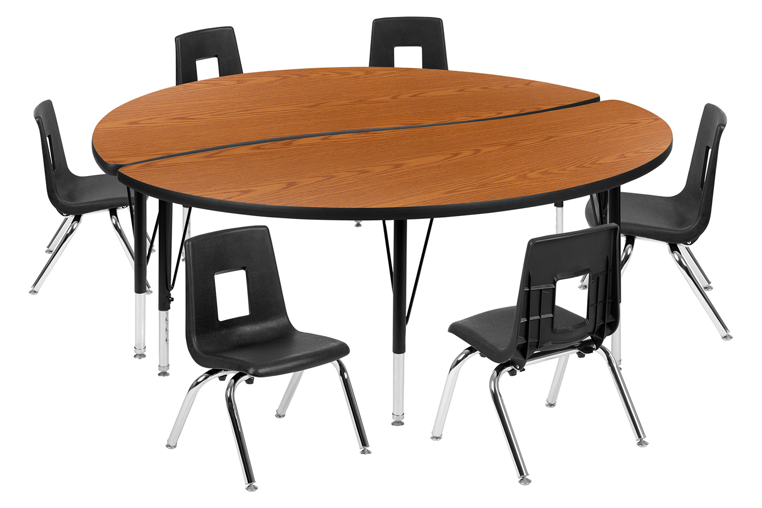 BLNK Emmy Circle Thermal Laminate Wave Flexible Activity Table Set - Oak, 60"D, with 12" Student Stack Chairs