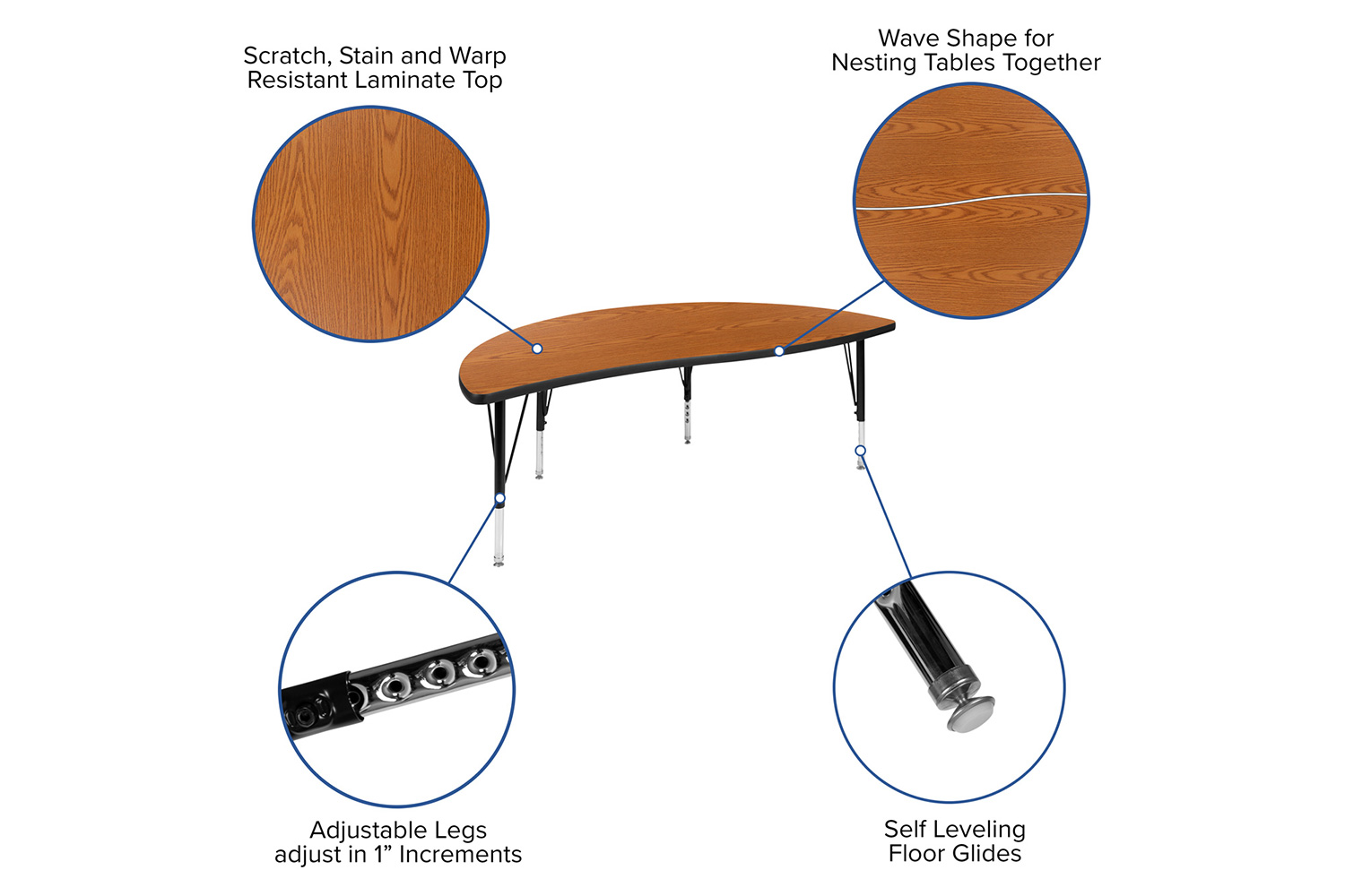 BLNK Emmy Circle Thermal Laminate Wave Flexible Activity Table Set - Oak, 60"D, with 12" Student Stack Chairs