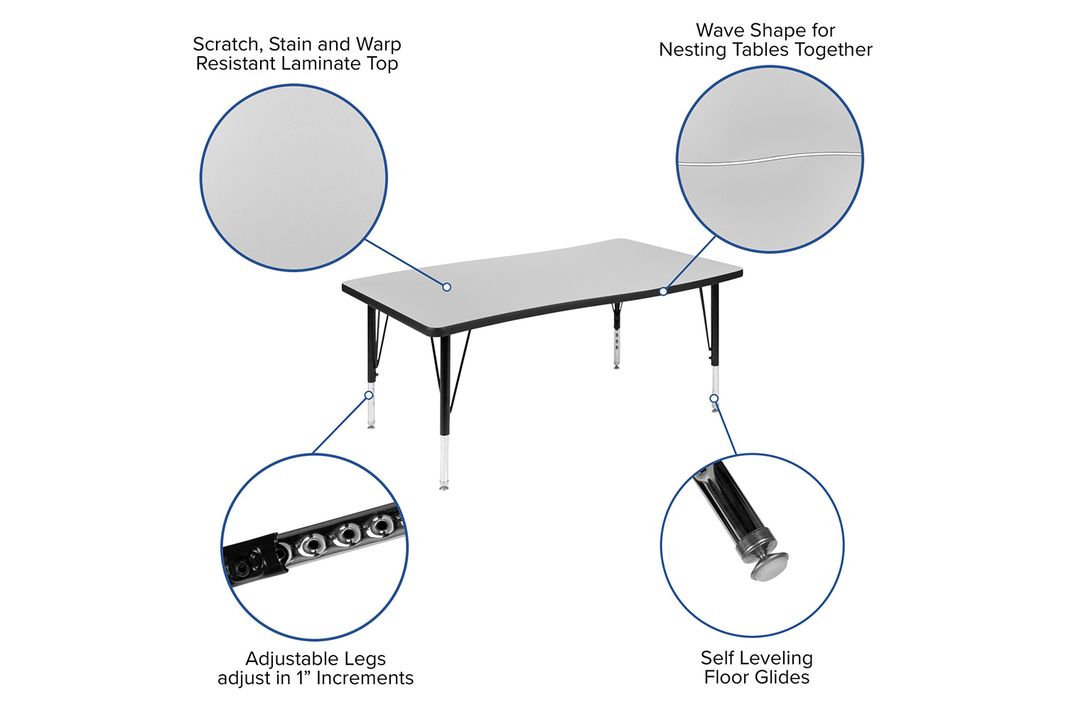 BLNK Emmy Oval Thermal Laminate Wave Flexible Activity Table Set with Chairs - Gray, 76"L, with 14" Student Stack Chairs