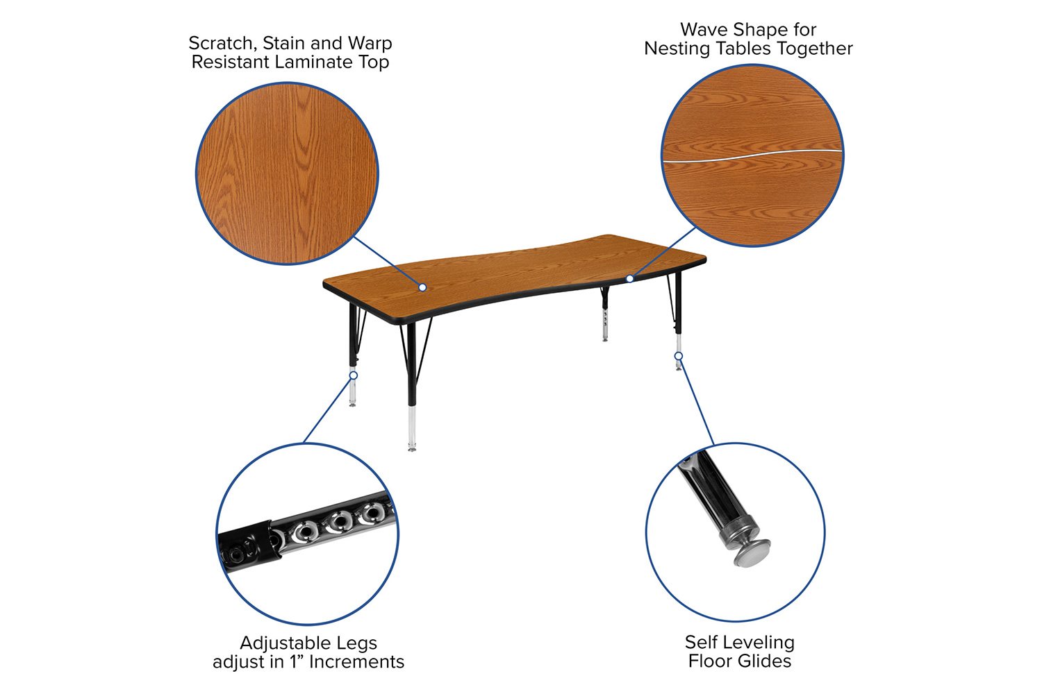 BLNK Emmy Oval Thermal Laminate Wave Flexible Activity Table Set with Chairs - Oak, 86"L, with 14" Student Stack Chairs