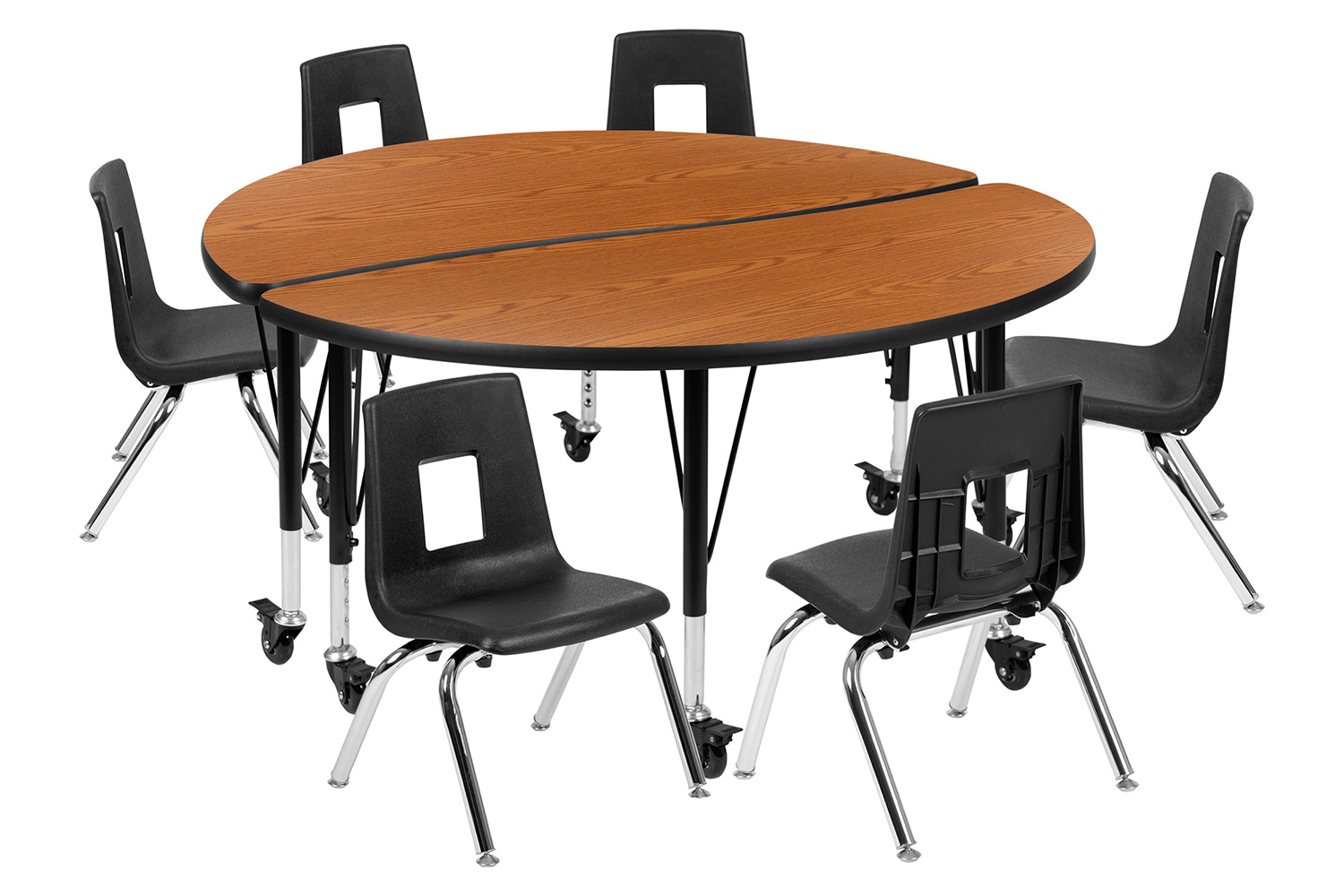 BLNK Emmy Mobile Circle Thermal Laminate Wave Flexible Activity Table Set - Oak, 47.5"D, with 14" Student Stack Chairs