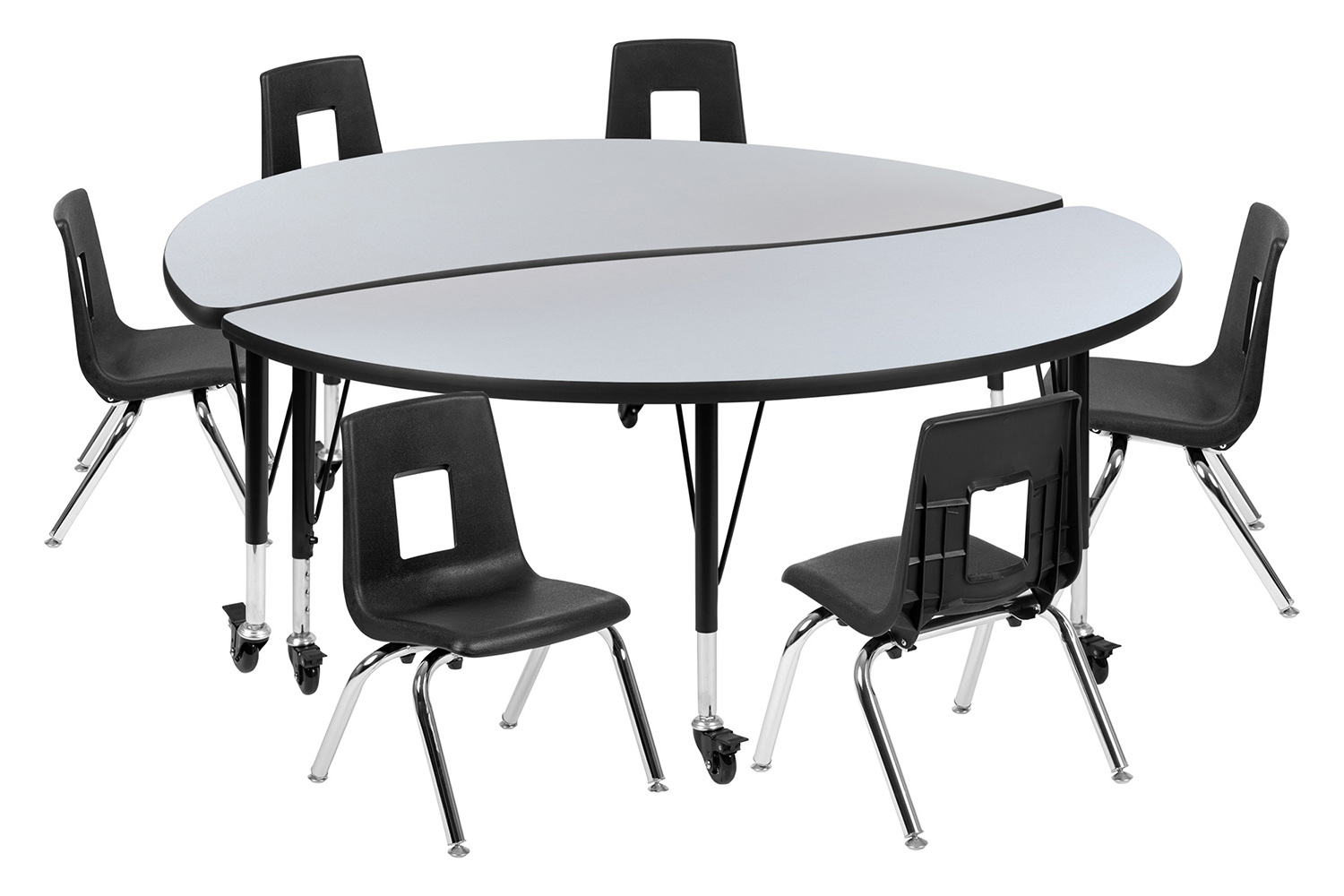 BLNK Emmy Mobile Circle Thermal Laminate Wave Flexible Activity Table Set - Gray, 60"D, with 14" Student Stack Chairs