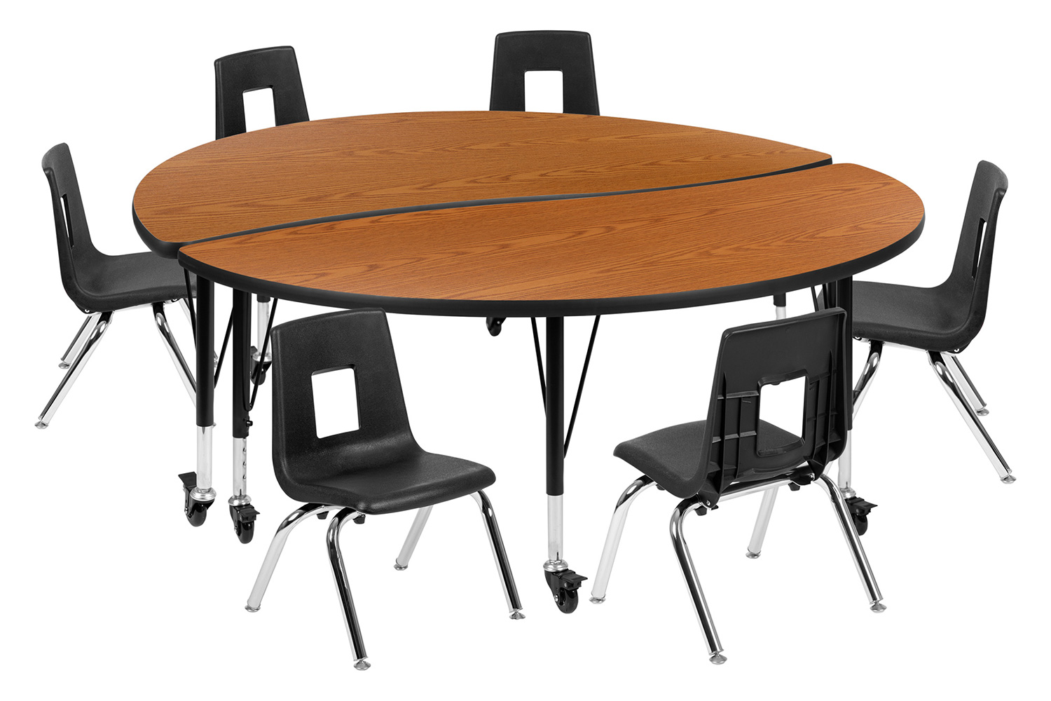 BLNK Emmy Mobile Circle Thermal Laminate Wave Flexible Activity Table Set - Oak, 60"D, with 14" Student Stack Chairs