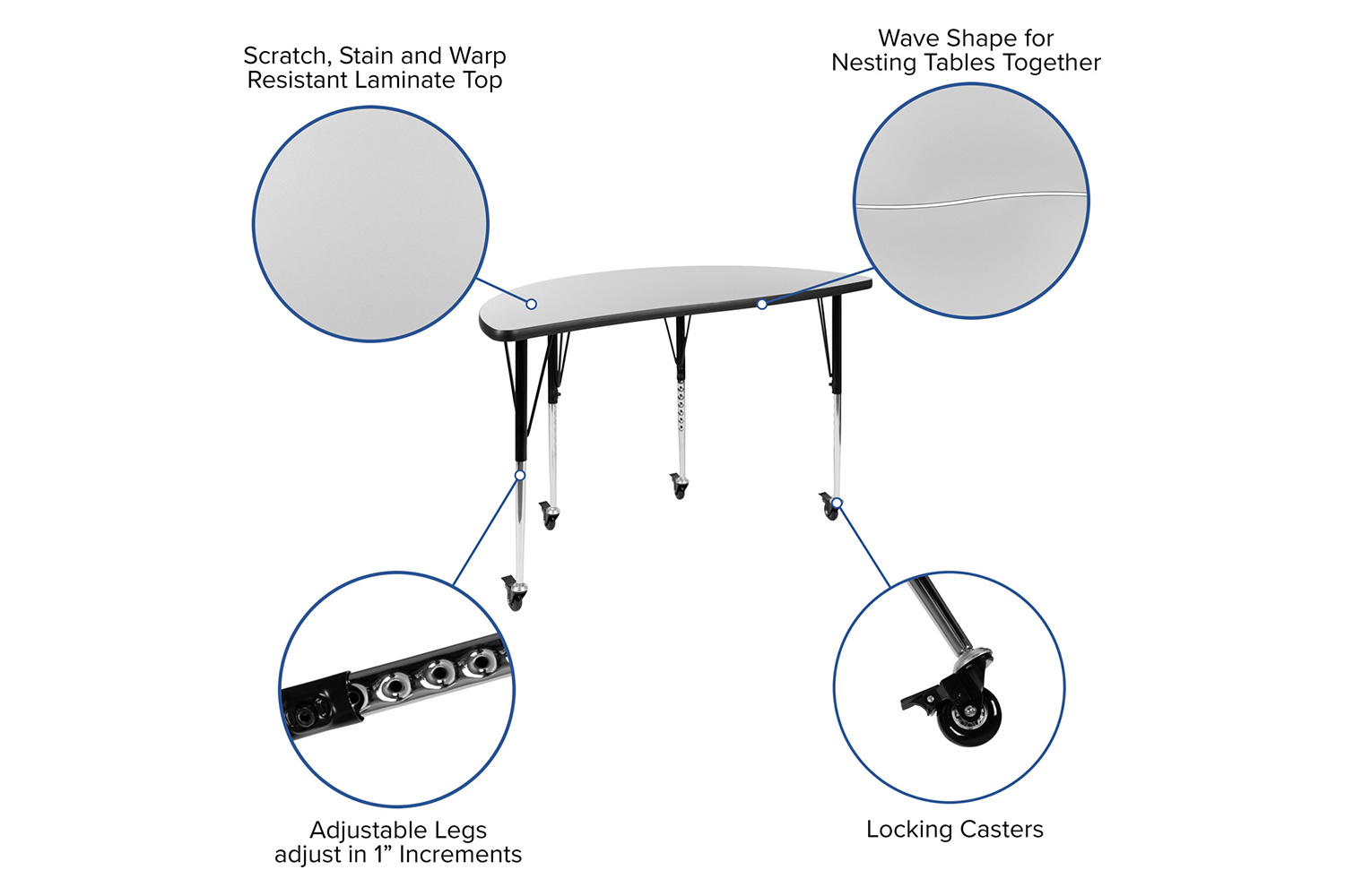 BLNK Emmy Mobile Oval Thermal Laminate Wave Flexible Activity Table Set - Gray, 76"L, with 16" Student Stack Chairs