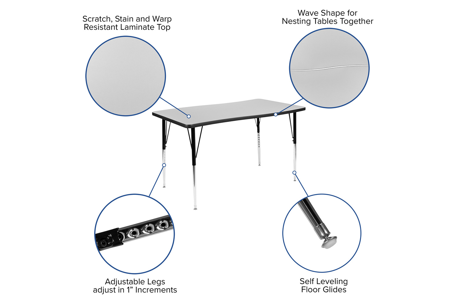 BLNK Emmy Oval Thermal Laminate Wave Flexible Activity Table Set with Chairs - Gray, 76"L, with 16" Student Stack Chairs