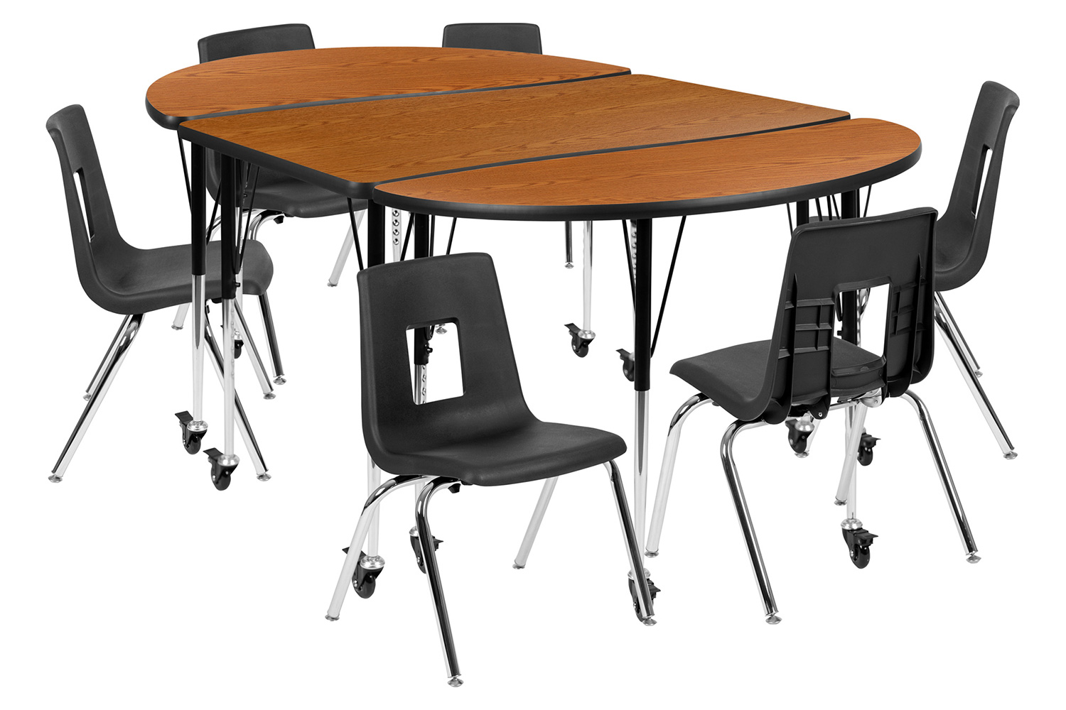 BLNK Emmy Mobile Oval Thermal Laminate Wave Flexible Activity Table Set - Oak, 76"L, with 16" Student Stack Chairs