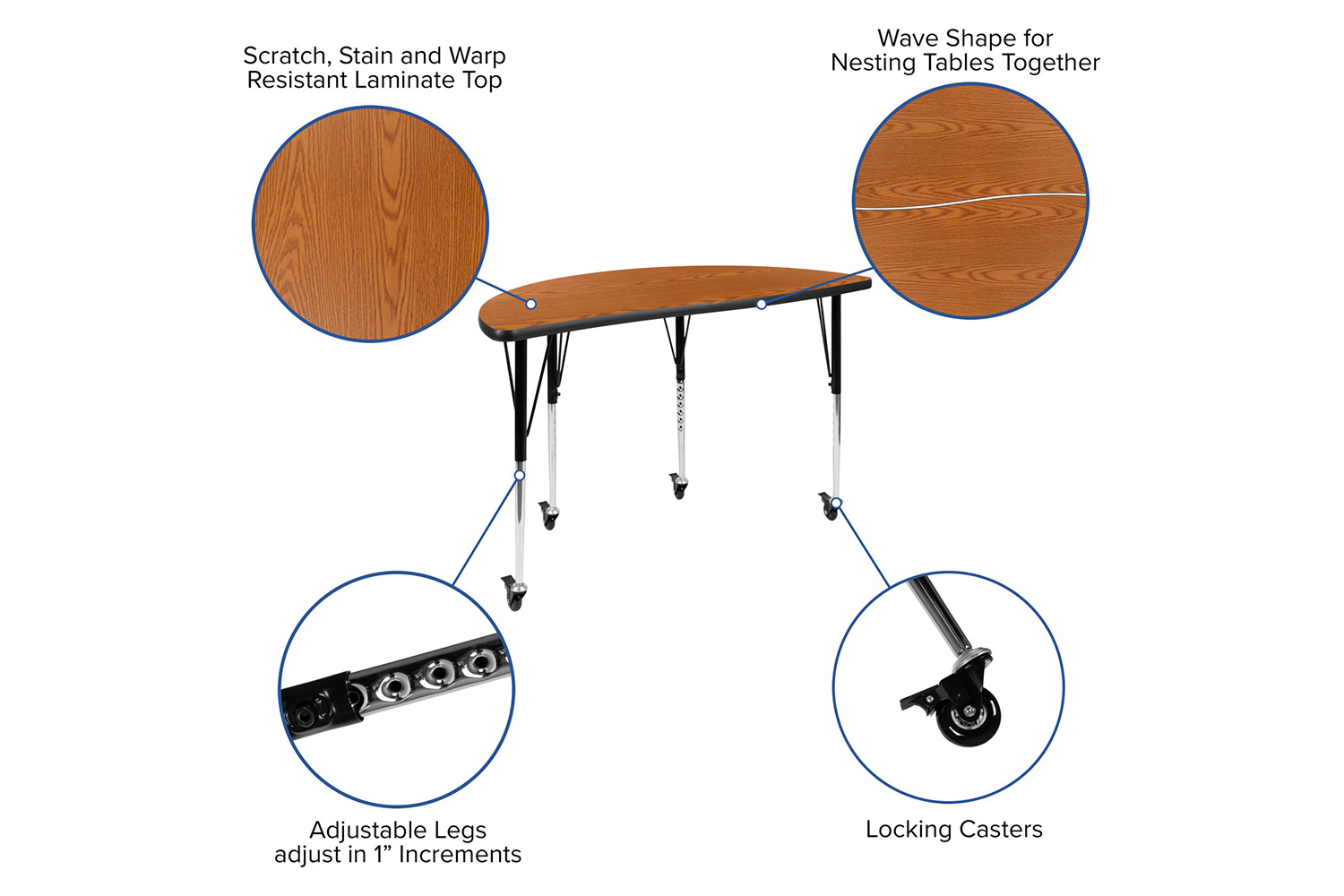 BLNK Emmy Mobile Oval Thermal Laminate Wave Flexible Activity Table Set - Oak, 76"L, with 16" Student Stack Chairs