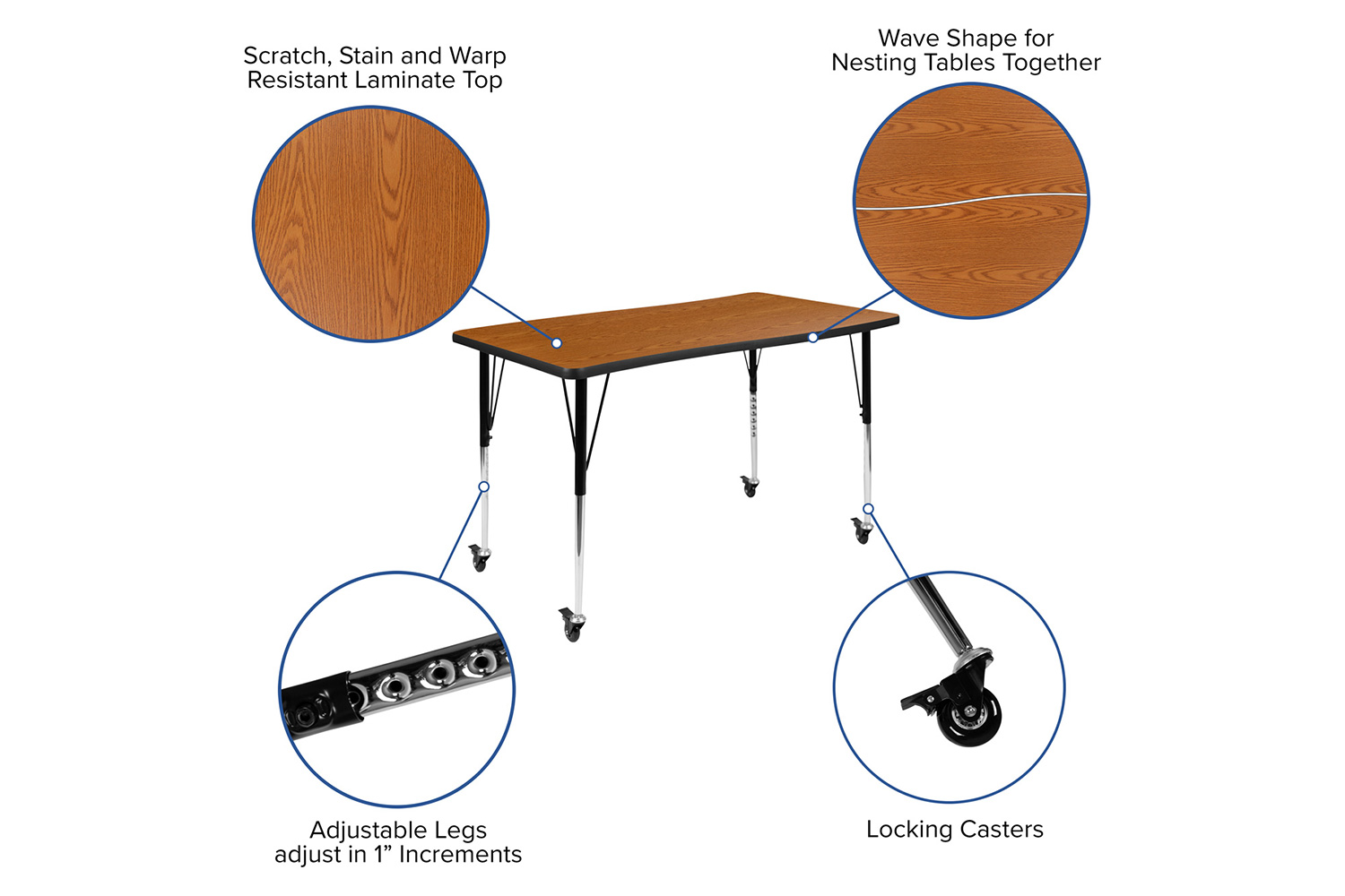 BLNK Emmy Mobile Oval Thermal Laminate Wave Flexible Activity Table Set - Oak, 76"L, with 16" Student Stack Chairs