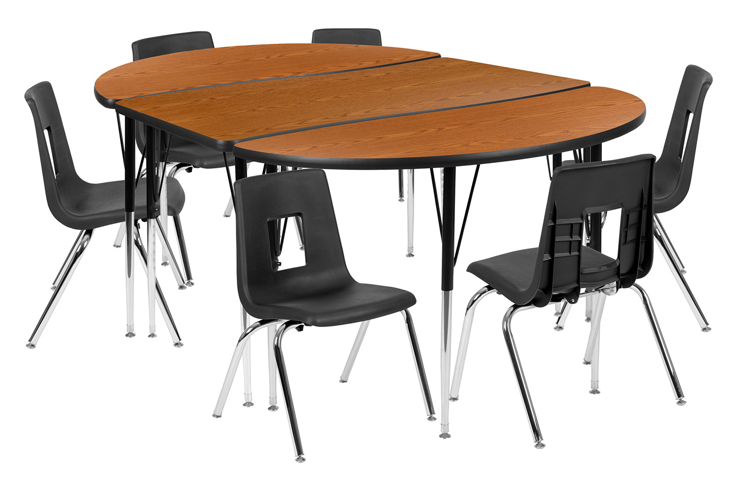 BLNK Emmy Oval Thermal Laminate Wave Flexible Activity Table Set with Chairs - Oak, 76"L, with 16" Student Stack Chairs
