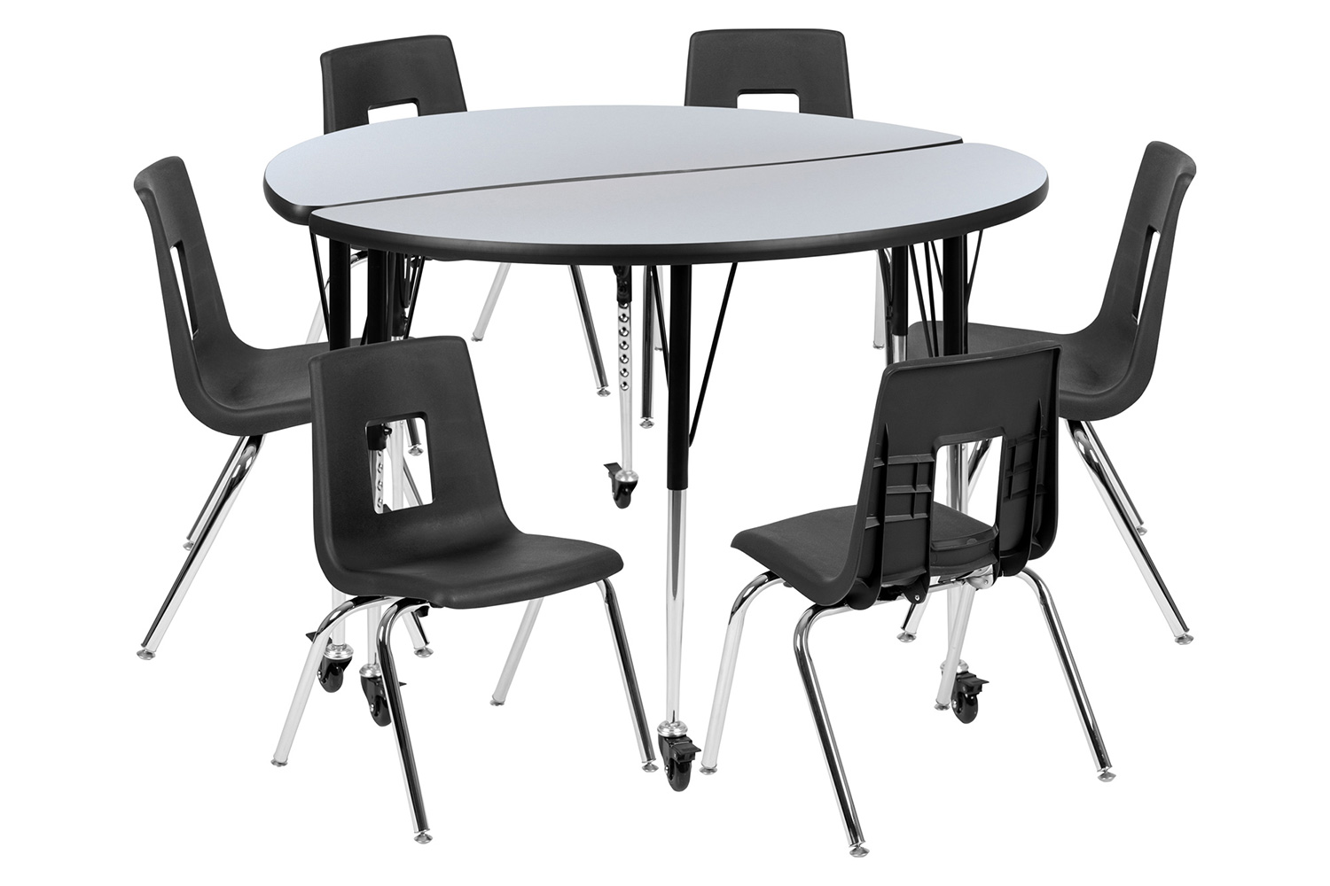 BLNK Emmy Mobile Circle Thermal Laminate Wave Flexible Activity Table Set - Gray, 47.5"D, with 16" Student Stack Chairs