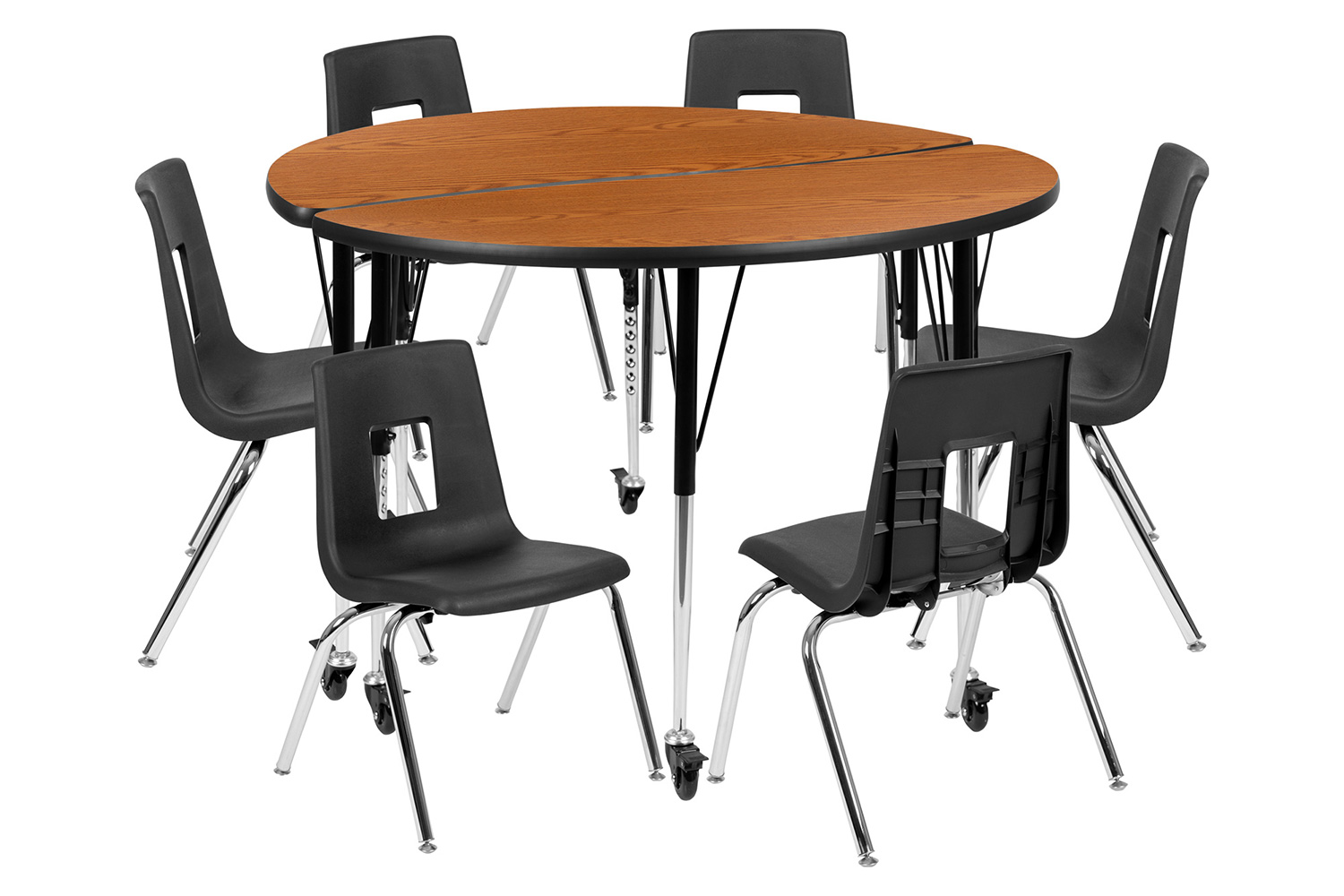 BLNK Emmy Mobile Circle Thermal Laminate Wave Flexible Activity Table Set - Oak, 47.5"D, with 16" Student Stack Chairs
