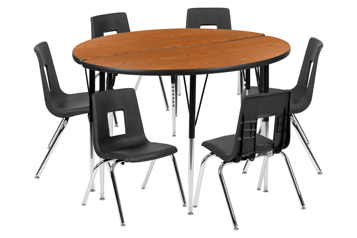 BLNK Emmy Circle Thermal Laminate Wave Flexible Activity Table Set - Oak, 47.5"D, with 16" Student Stack Chairs