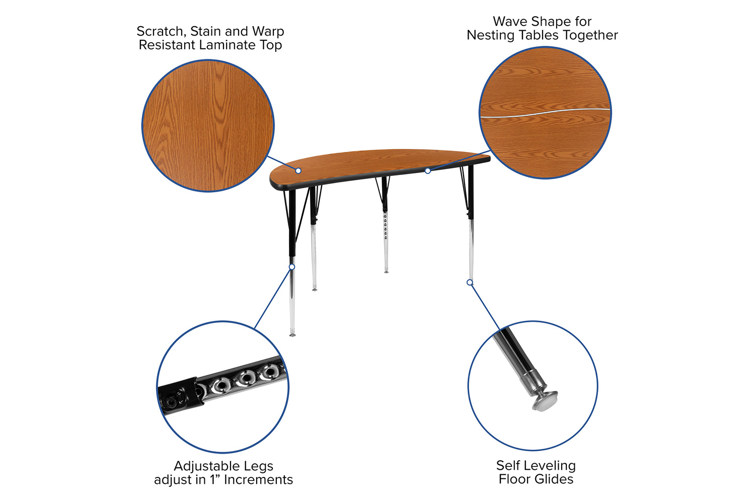 BLNK Emmy Circle Thermal Laminate Wave Flexible Activity Table Set - Oak, 47.5"D, with 16" Student Stack Chairs