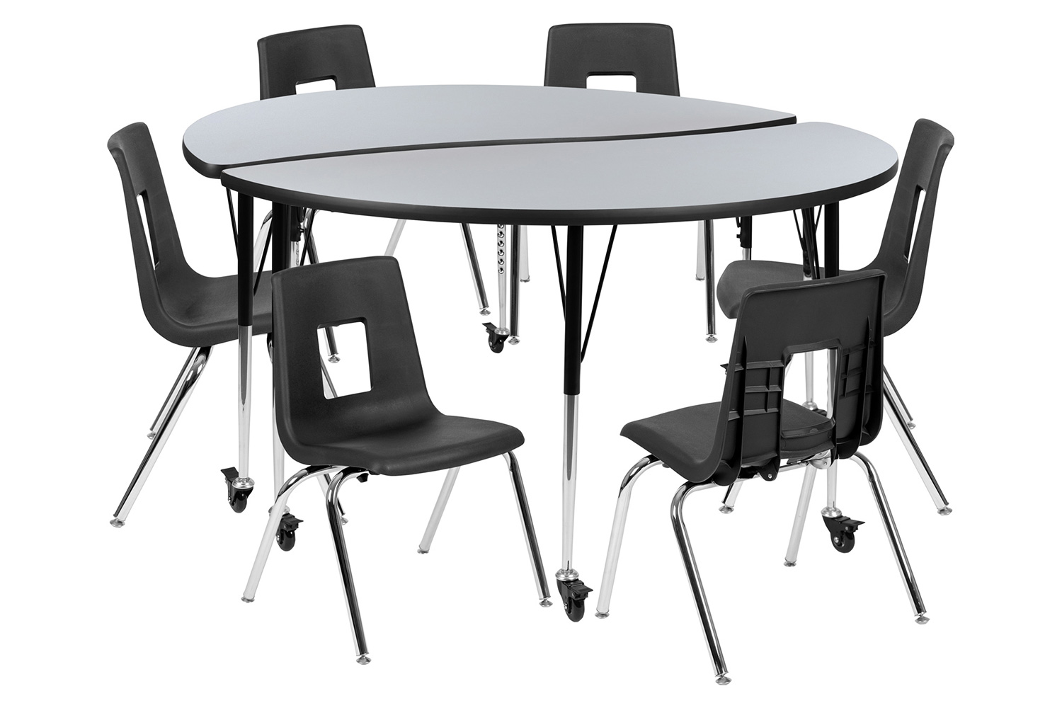 BLNK Emmy Mobile Circle Thermal Laminate Wave Flexible Activity Table Set - Gray, 60"D, with 16" Student Stack Chairs