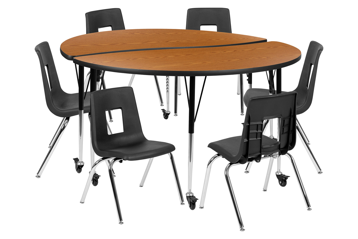 BLNK Emmy Mobile Circle Thermal Laminate Wave Flexible Activity Table Set - Oak, 60"D, with 16" Student Stack Chairs