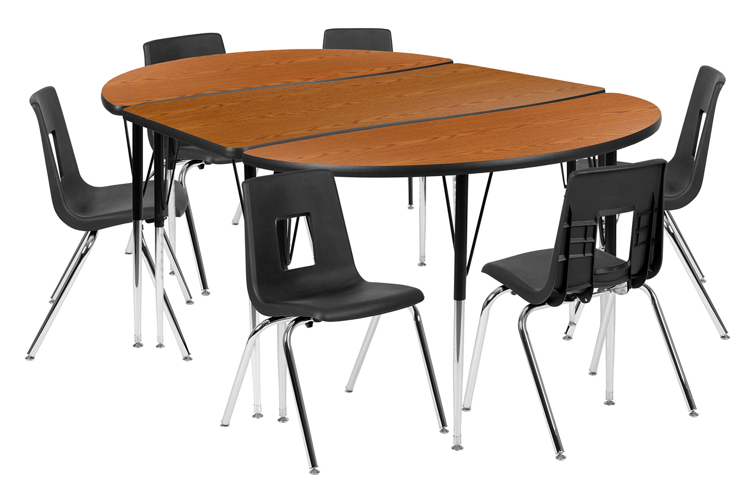 BLNK Emmy Oval Thermal Laminate Wave Flexible Activity Table Set with Chairs - Oak, 76"L, with 18" Student Stack Chairs