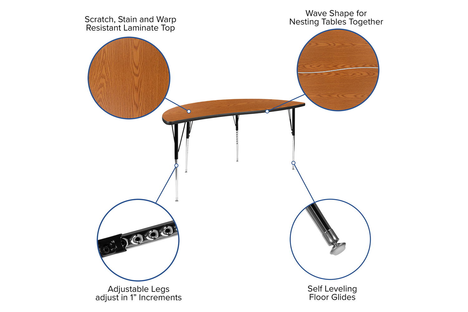 BLNK Emmy Oval Thermal Laminate Wave Flexible Activity Table Set with Chairs - Oak, 86"L, with 18" Student Stack Chairs