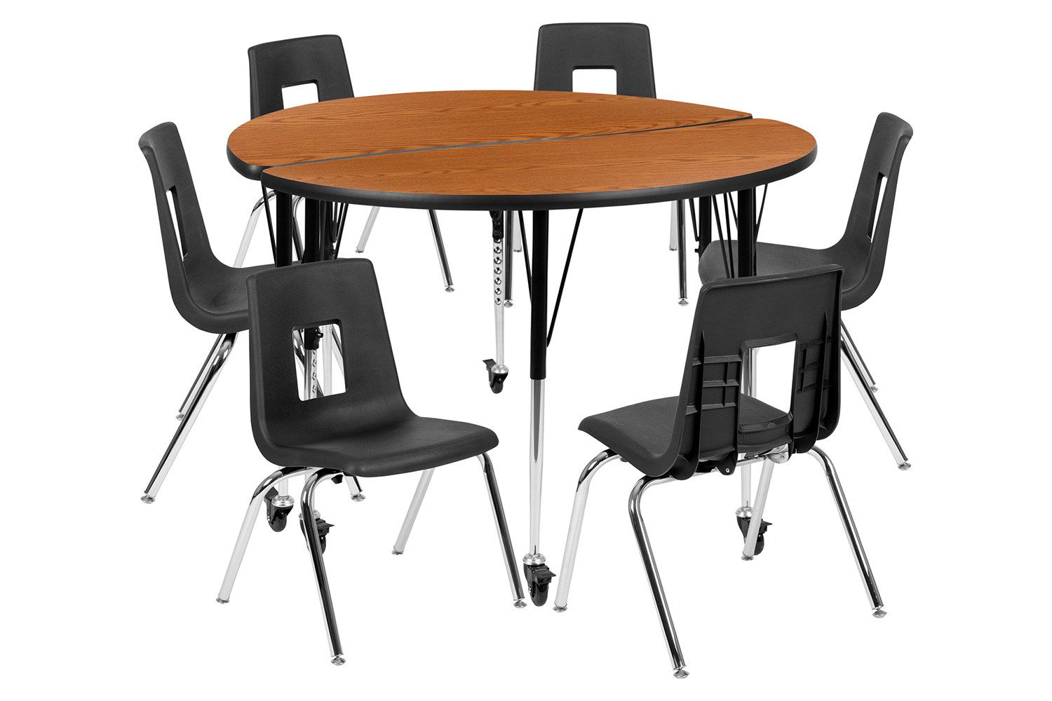 BLNK Emmy Mobile Circle Thermal Laminate Wave Flexible Activity Table Set - Oak, 47.5"D, with 18" Student Stack Chairs