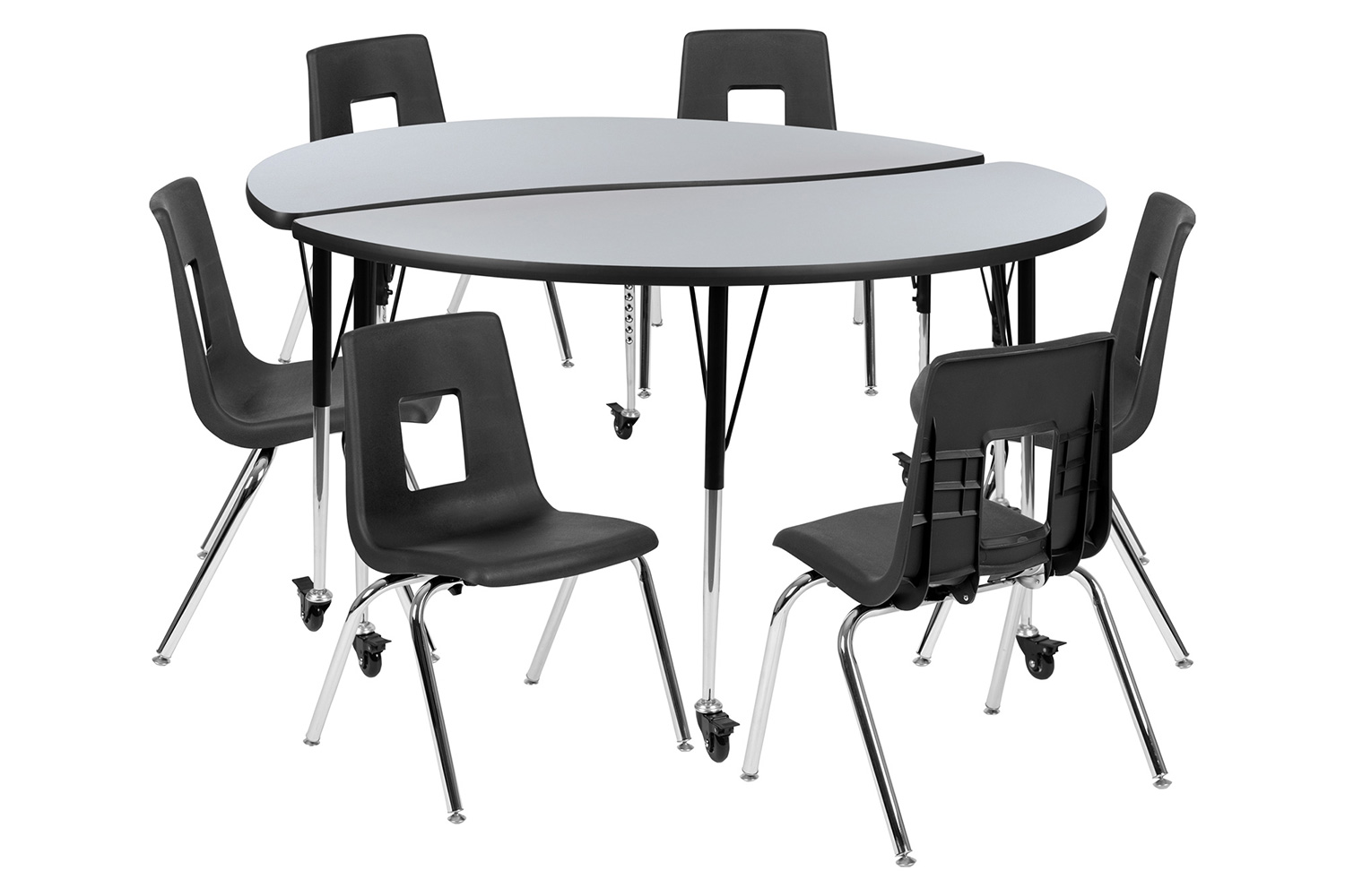 BLNK Emmy Mobile Circle Thermal Laminate Wave Flexible Activity Table Set - Gray, 60"D, with 18" Student Stack Chairs