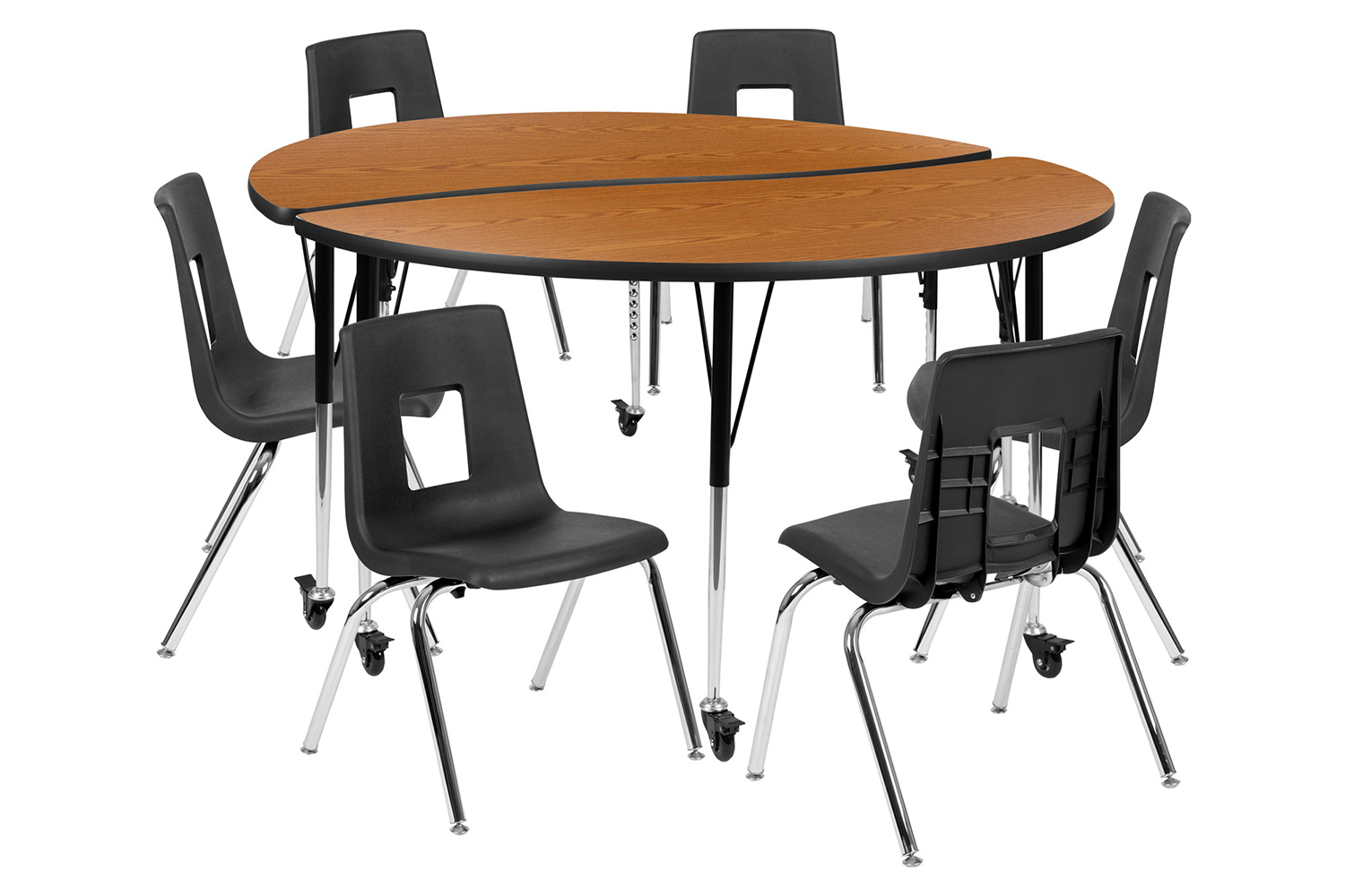 BLNK Emmy Mobile Circle Thermal Laminate Wave Flexible Activity Table Set - Oak, 60"D, with 18" Student Stack Chairs