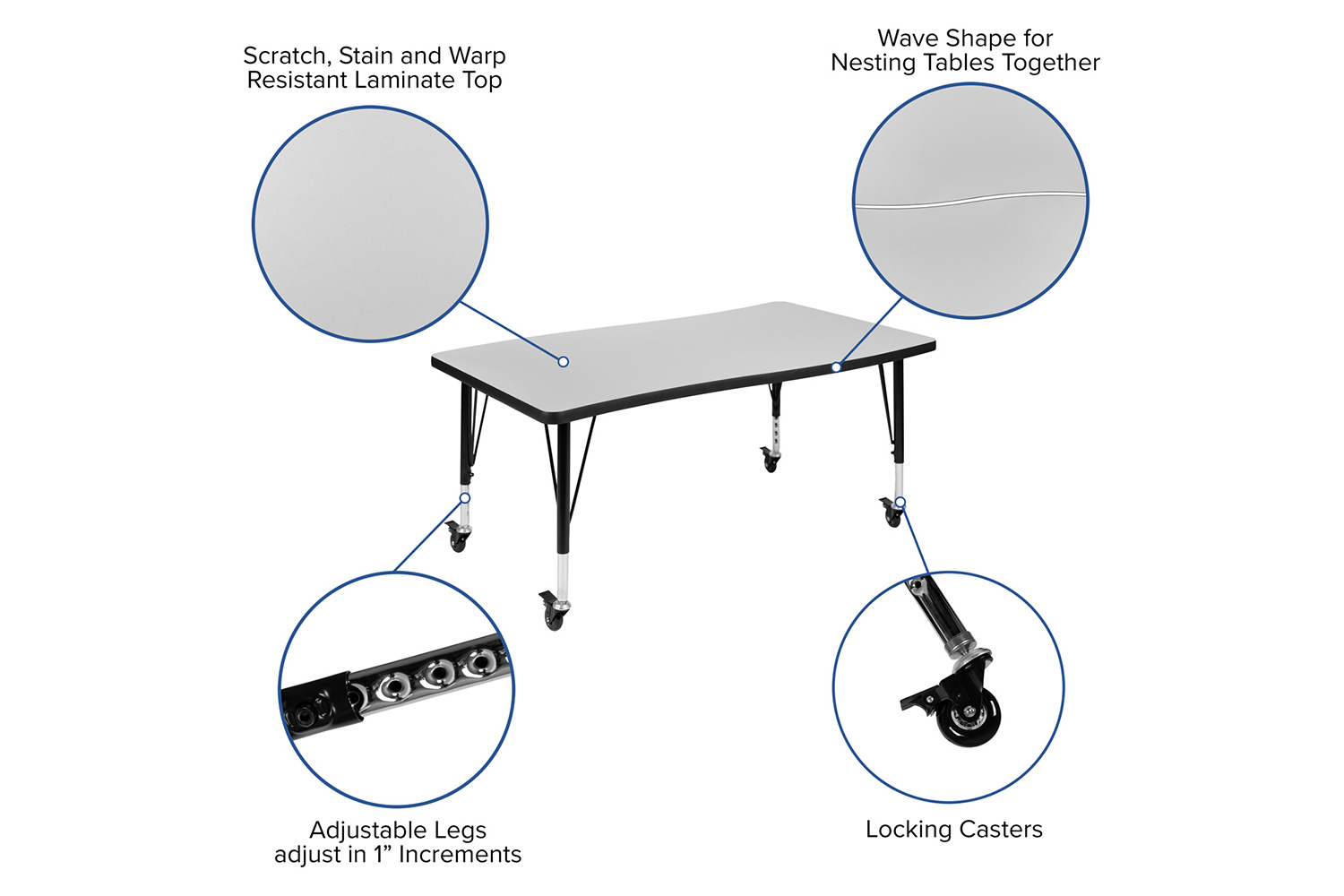 BLNK Emmy Mobile Oval Thermal Laminate Wave Flexible Activity Table Set 3 Piece - Gray, 76"L, with Short Height Adjustable Legs