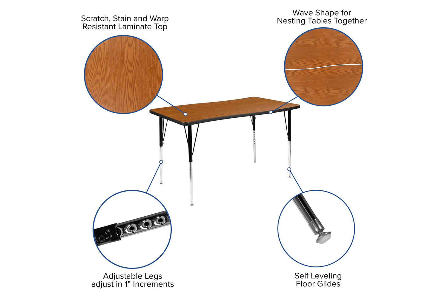 BLNK Emmy Oval Thermal Laminate Wave Flexible Activity Table Set 2 Piece - Oak, 76"L, with Standard Height Adjustable Legs