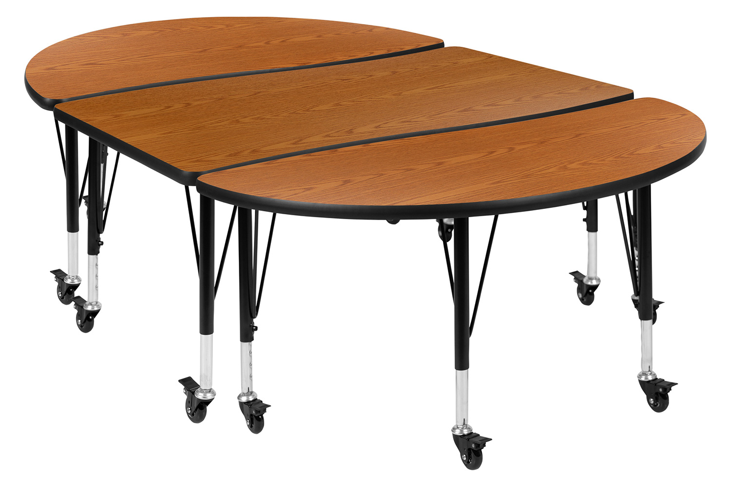 BLNK Emmy Mobile Oval Thermal Laminate Wave Flexible Activity Table Set 3 Piece - Oak, 76"L, with Short Height Adjustable Legs
