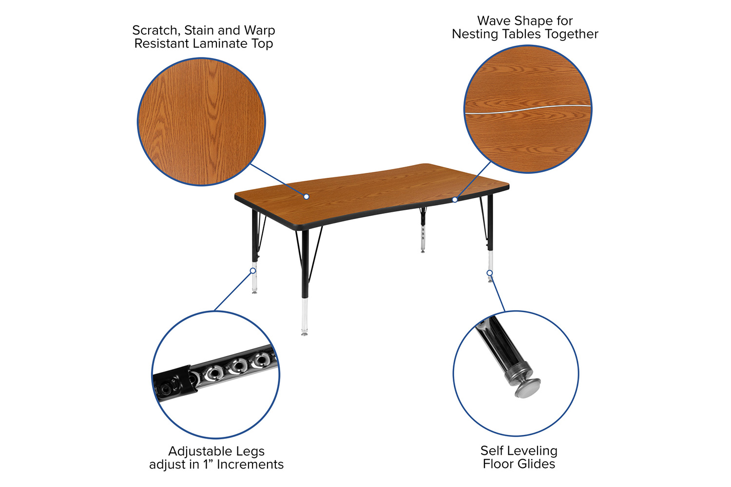 BLNK Emmy Oval Thermal Laminate Wave Flexible Activity Table Set 2 Piece - Oak, 76"L, with Short Height Adjustable Legs