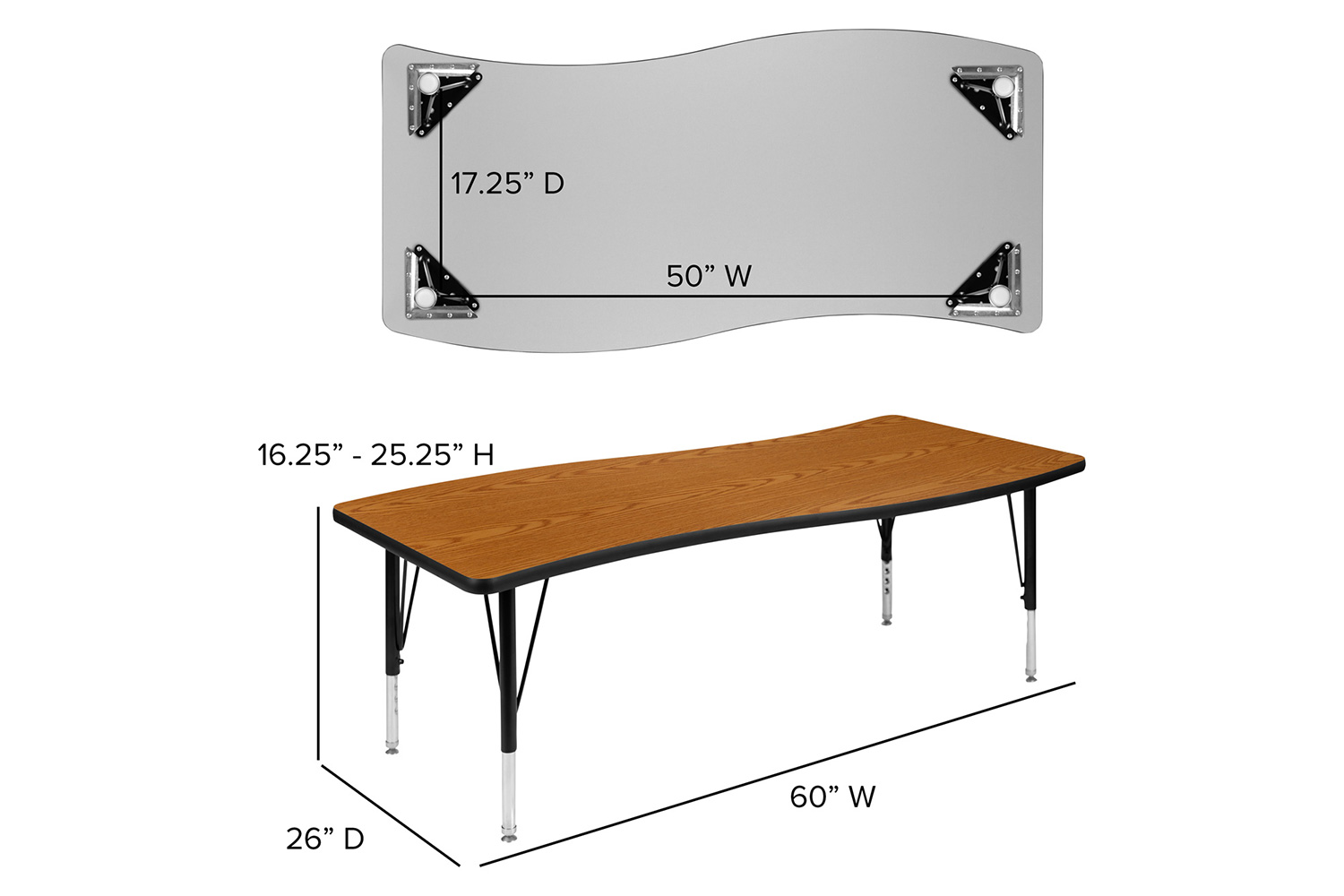 BLNK Emmy Oval Thermal Laminate Wave Flexible Activity Table Set 2 Piece - Oak, 86"L, with Short Height Adjustable Legs