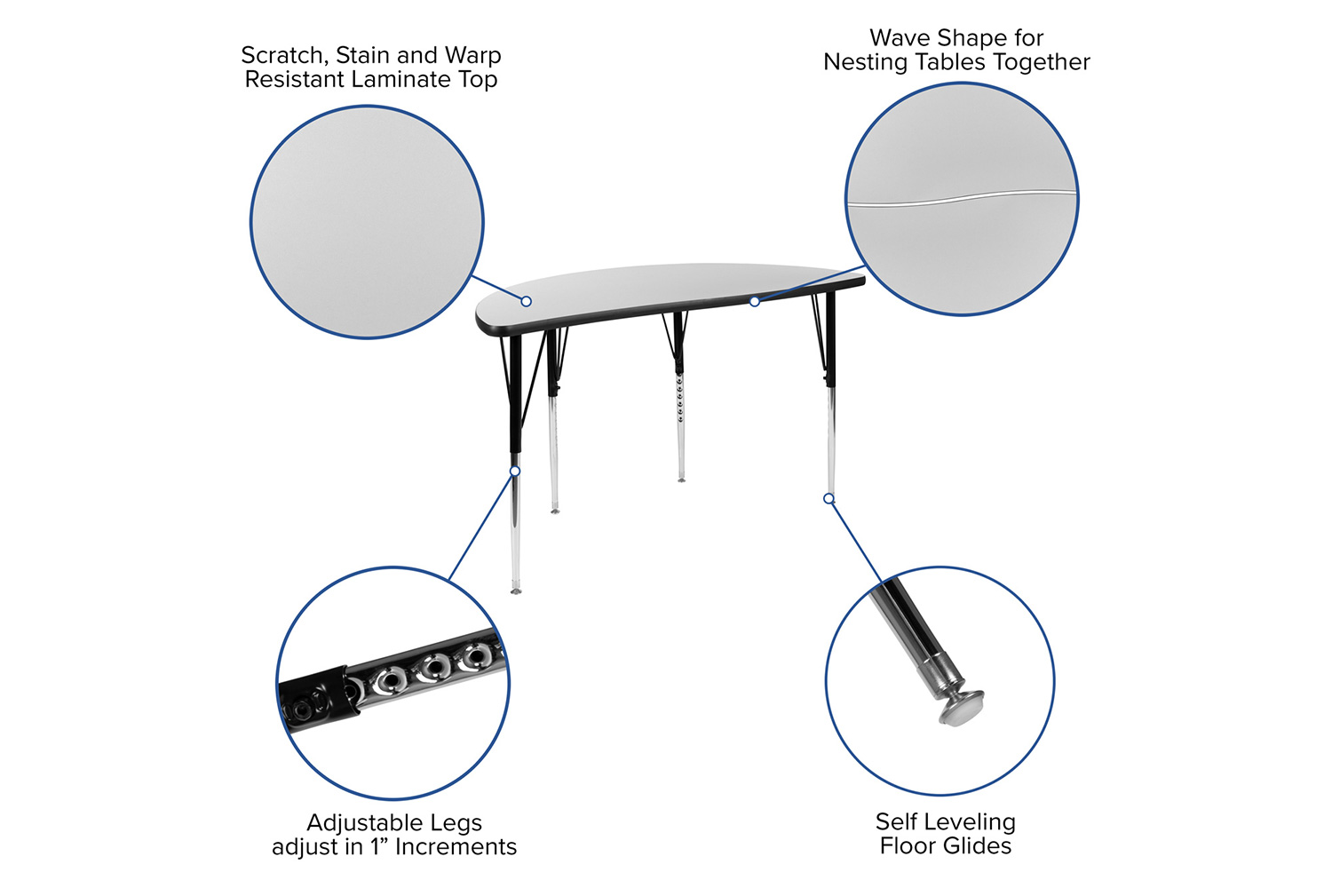 BLNK Emmy Mobile Circle Thermal Laminate Wave Flexible Kids Adjustable Activity Table Set 2 Piece - Gray, 47.5"D, with Standard Height Adjustable Legs