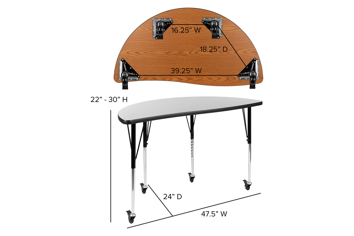 BLNK Emmy Mobile Circle Thermal Laminate Wave Flexible Kids Adjustable Activity Table Set 2 Piece - Gray, 47.5"D, with Standard Height Adjustable Legs