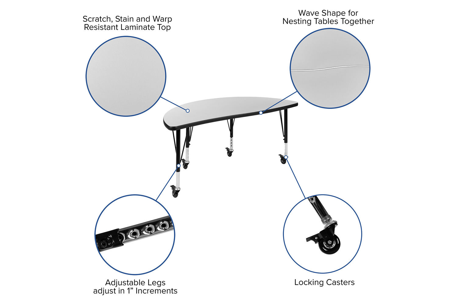 BLNK Emmy Mobile Circle Thermal Laminate Wave Flexible Kids Adjustable Activity Table Set 2 Piece - Gray, 47.5"D, with Short Height Adjustable Legs
