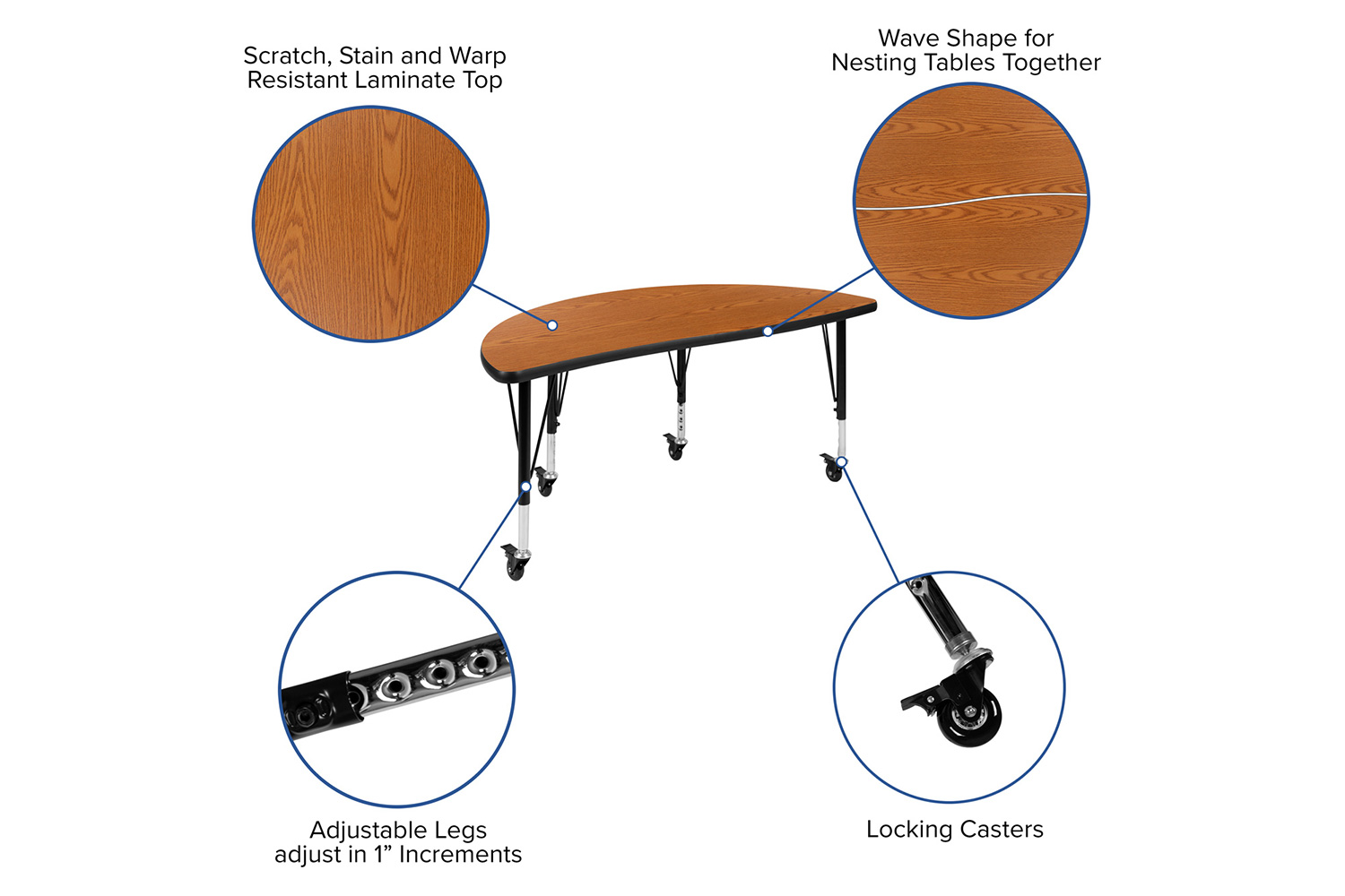BLNK Emmy Mobile Circle Thermal Laminate Wave Flexible Kids Adjustable Activity Table Set 2 Piece - Oak, 47.5"D, with Short Height Adjustable Legs