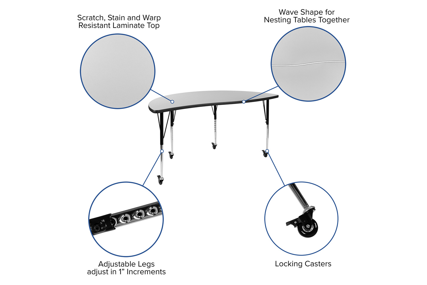 BLNK Emmy Mobile Circle Thermal Laminate Wave Flexible Kids Adjustable Activity Table Set 2 Piece - Gray, 60"D, with Standard Height Adjustable Legs