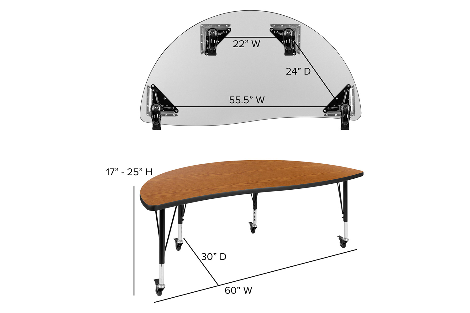 BLNK Emmy Mobile Circle Thermal Laminate Wave Flexible Kids Adjustable Activity Table Set 2 Piece - Oak, 60"D, with Short Height Adjustable Legs