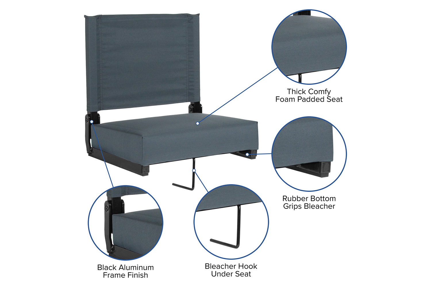 BLNK Grandstand Comfort Lightweight Stadium Chair with Handle and Ultra-Padded Seat - Dark Blue