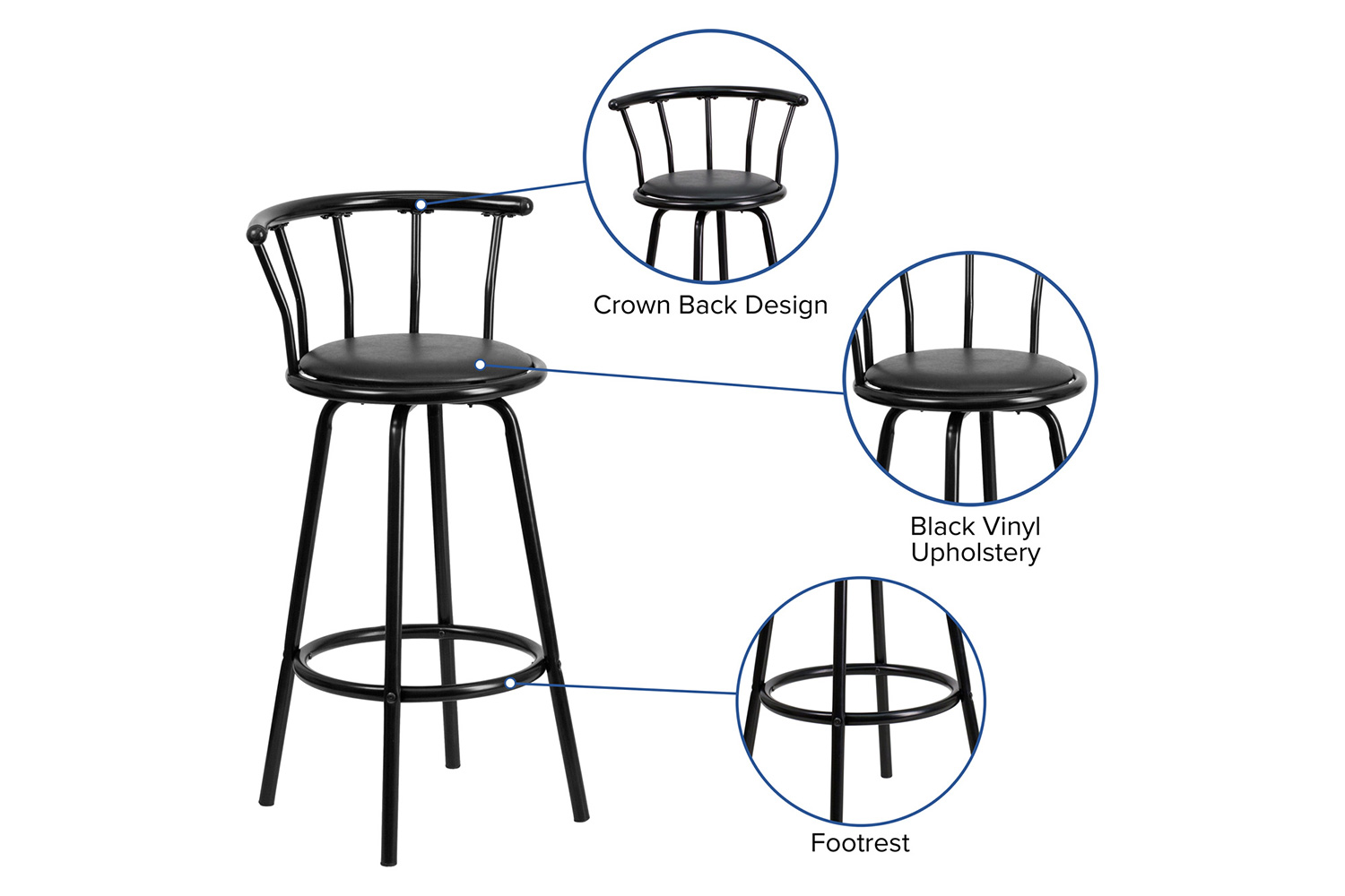 BLNK - Charla Black Metal Crown Back Bar Stool with Black Vinyl Swivel Seat