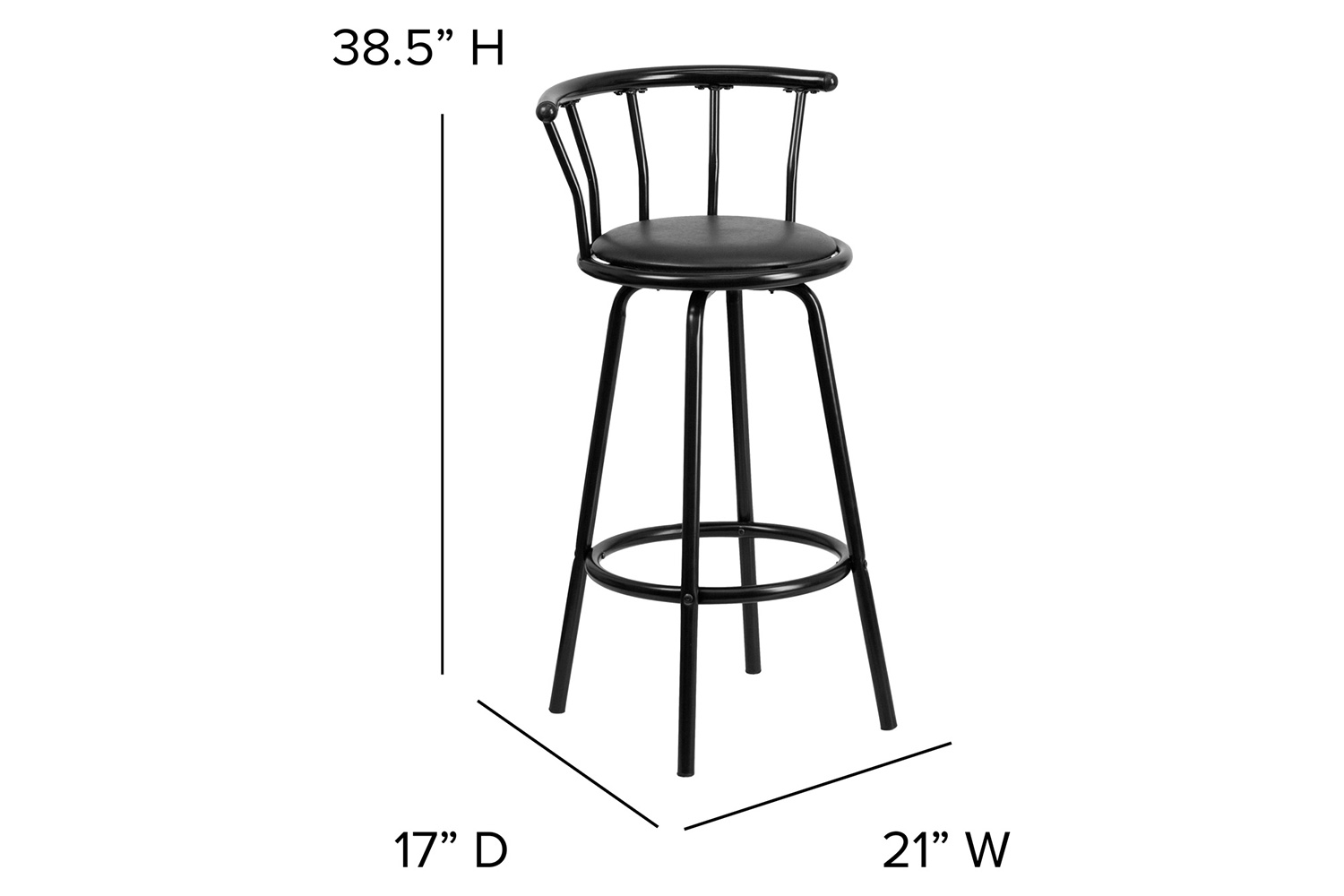 BLNK - Charla Black Metal Crown Back Bar Stool with Black Vinyl Swivel Seat