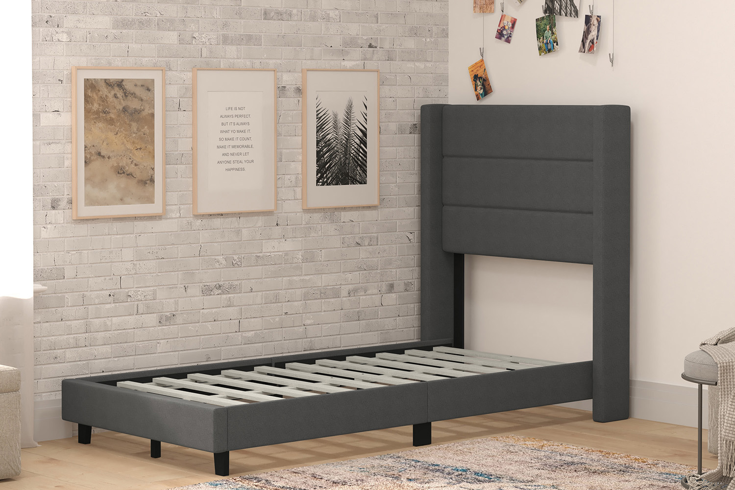 BLNK Hollis Upholstered Platform Bed with Wingback Headboard - Charcoal, Twin Size