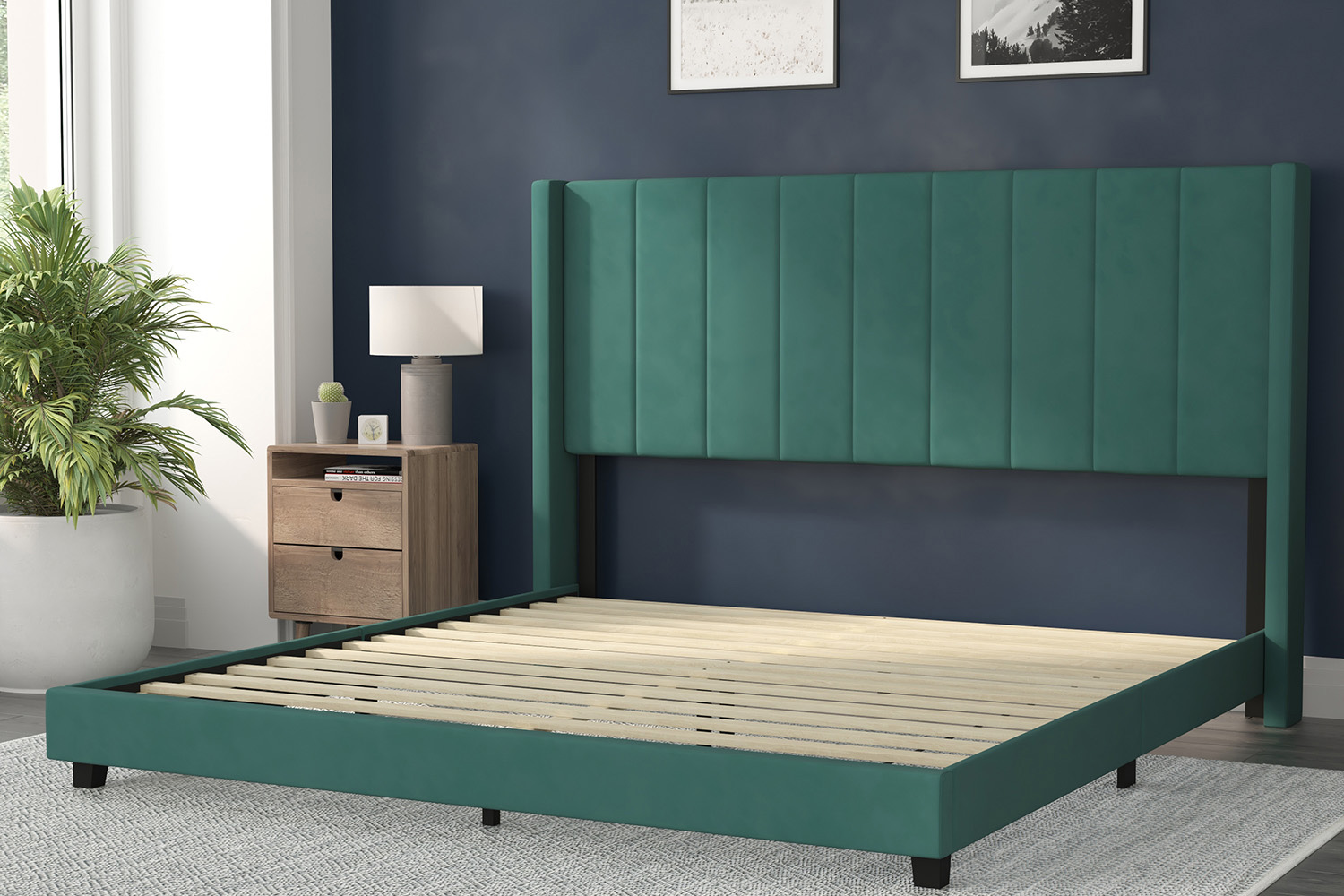 BLNK Bianca Upholstered Platform Bed with Vertical Stitched Wingback Headboard - Emerald, King Size