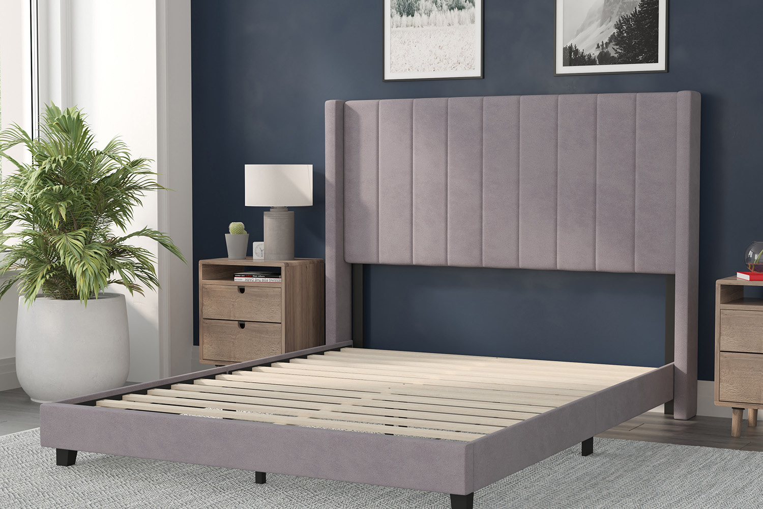 BLNK Bianca Upholstered Platform Bed with Vertical Stitched Wingback Headboard - Gray, Queen Size