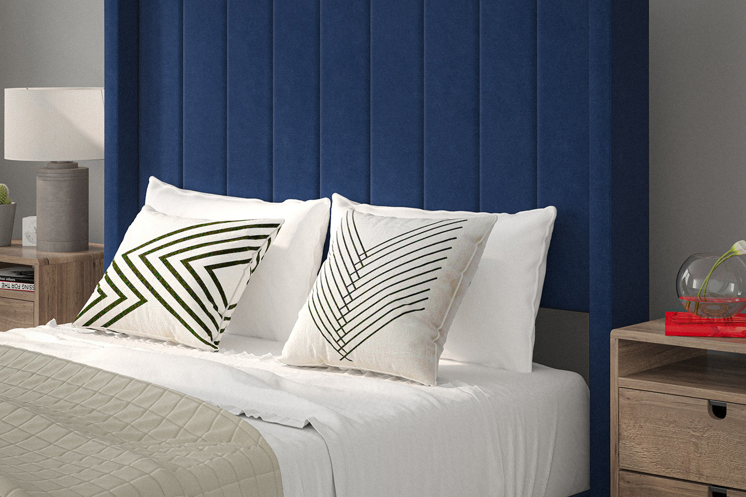 BLNK Bianca Upholstered Platform Bed with Vertical Stitched Wingback Headboard - Navy, Full Size
