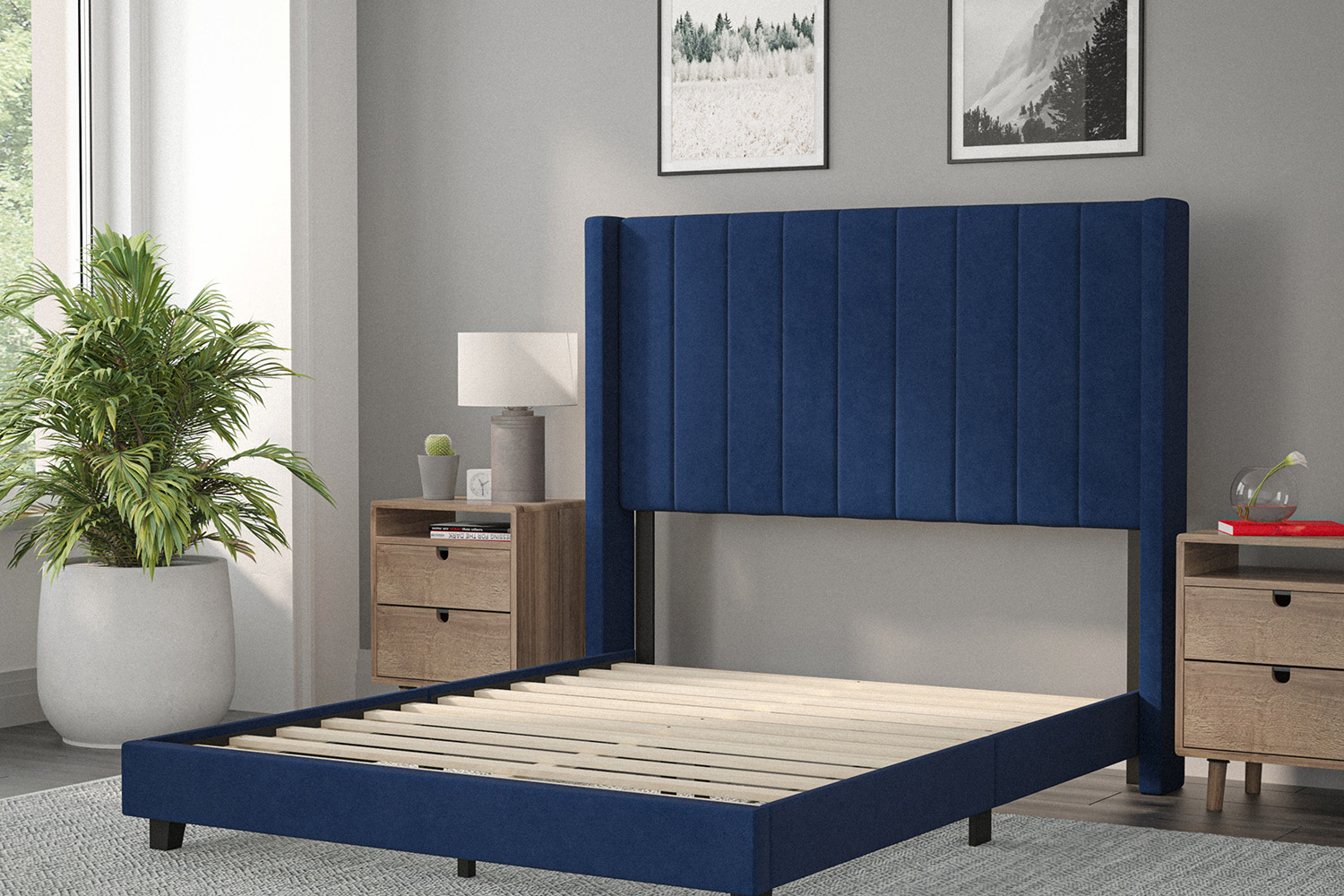 BLNK Bianca Upholstered Platform Bed with Vertical Stitched Wingback Headboard - Navy, Full Size