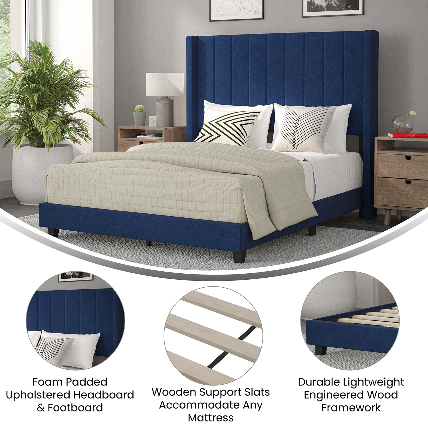 BLNK Bianca Upholstered Platform Bed with Vertical Stitched Wingback Headboard - Navy, Full Size