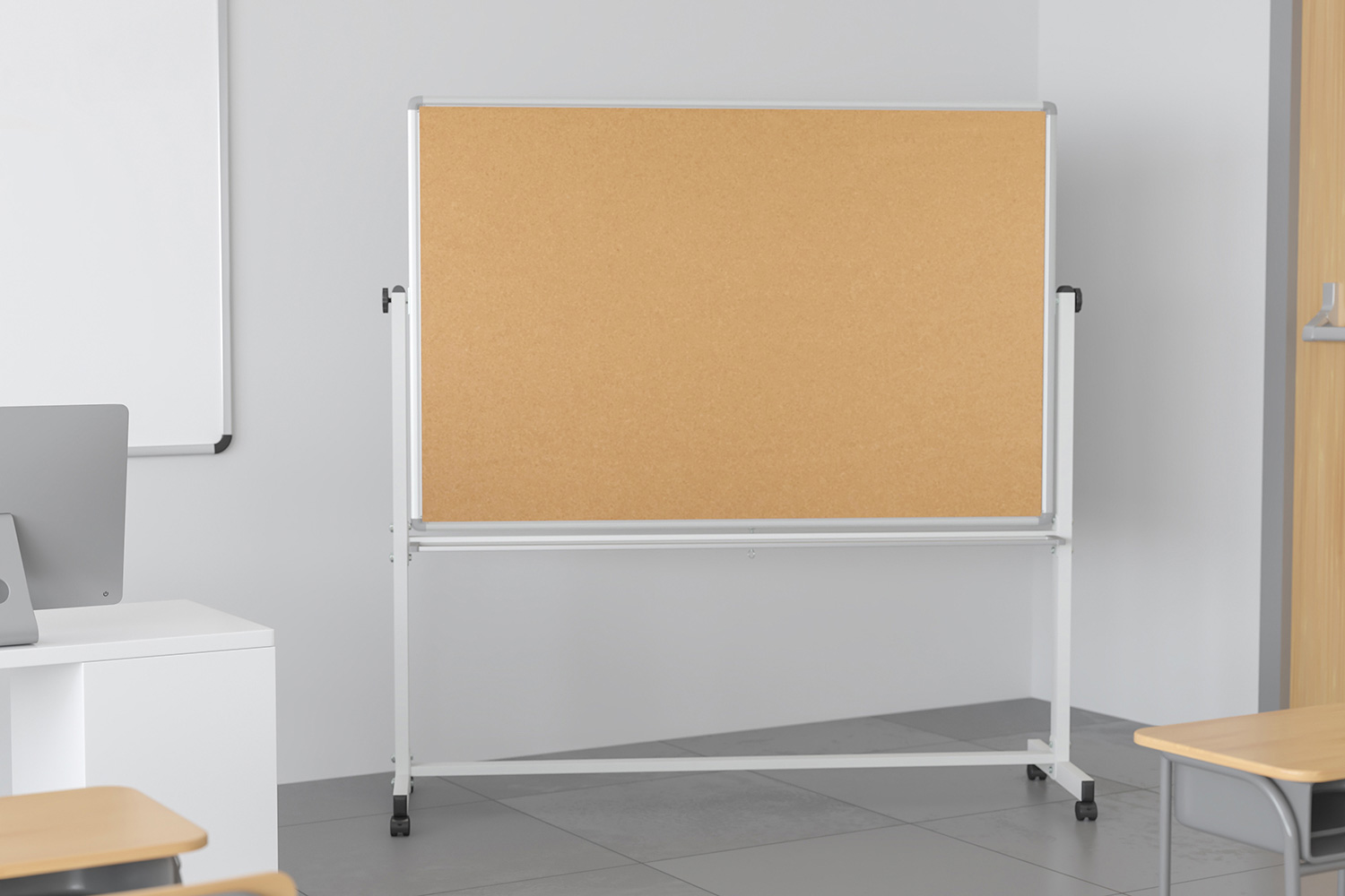 BLNK - HERCULES Series Reversible Mobile Cork Bulletin Board and White Board with Pen Tray