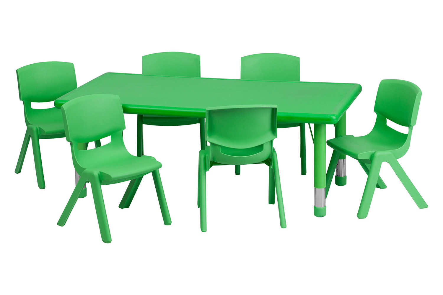 BLNK Emmy Rectangular Plastic Height Adjustable Activity Table Set - Green, 24"W x 48"L, with 6 Chairs