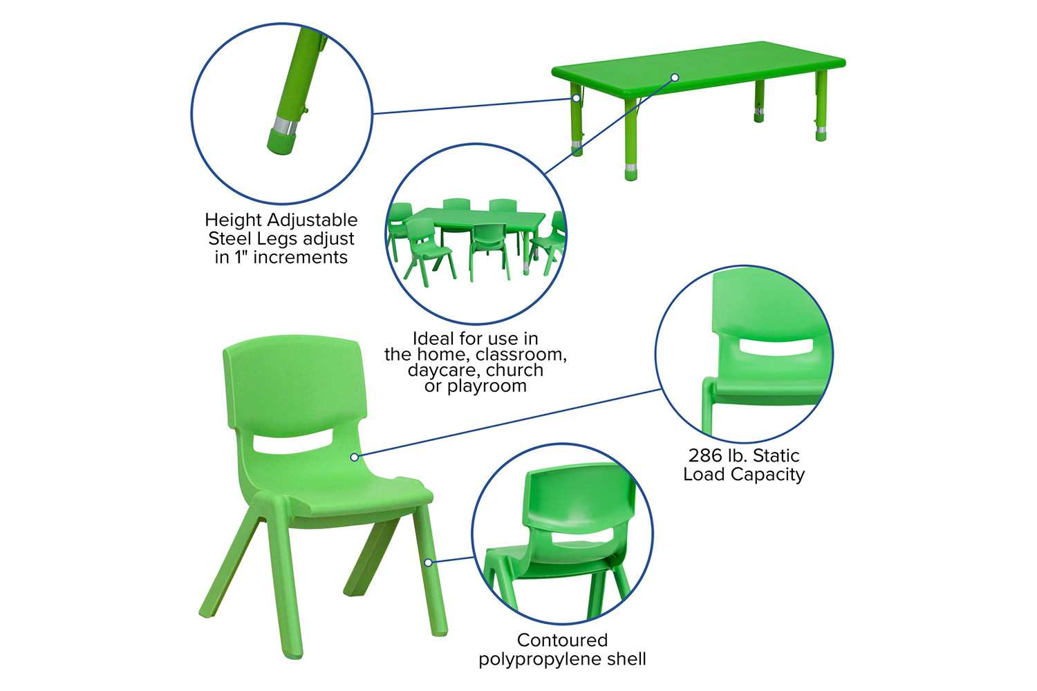 BLNK Emmy Rectangular Plastic Height Adjustable Activity Table Set - Green, 24"W x 48"L, with 6 Chairs